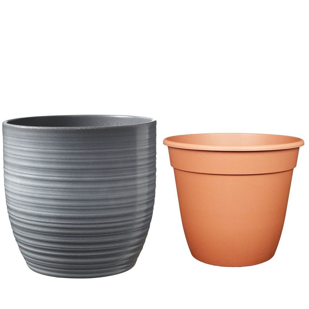 Heimwerkercenter Übertopf Set - Keramikübertopf Bergamo ø24 cm, hellgrau + Pflanztopf ø22