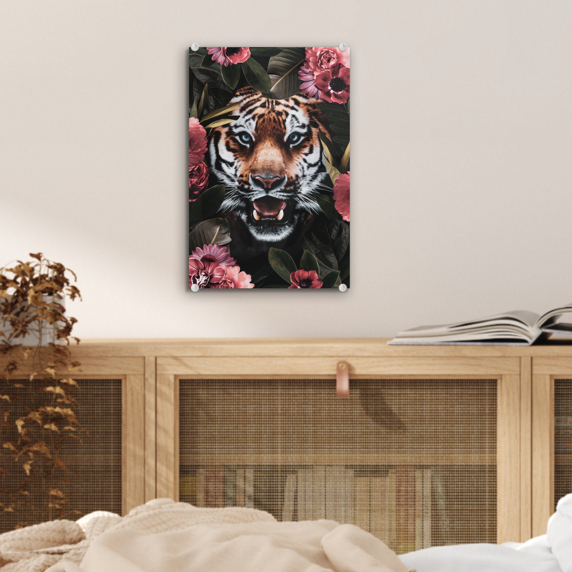 - Pflanzen, Foto Glas Bilder auf auf St), Wanddekoration MuchoWow Tiger Rosa Glasbilder - (1 - - bunt Acrylglasbild Glas - Wandbild