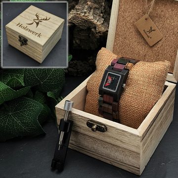 Holzwerk Quarzuhr SEESEN Damen Holz Armband Uhr, Design Eckig, braun, schwarz & rot