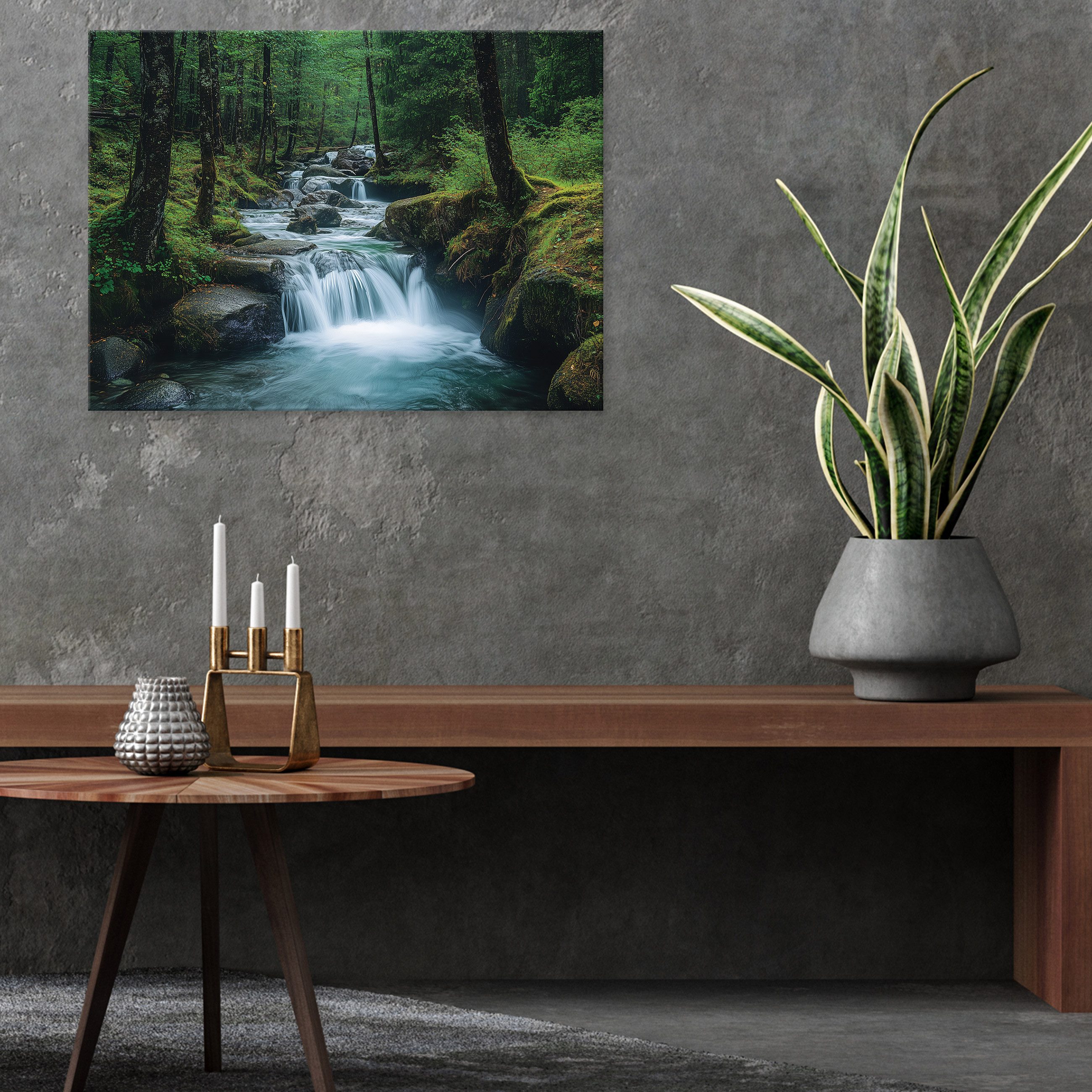 Wallarena Leinwandbild Wasserfall Wald - Grün - Modern - Wohnzimmer, Wasserfall, 40x30x2cm