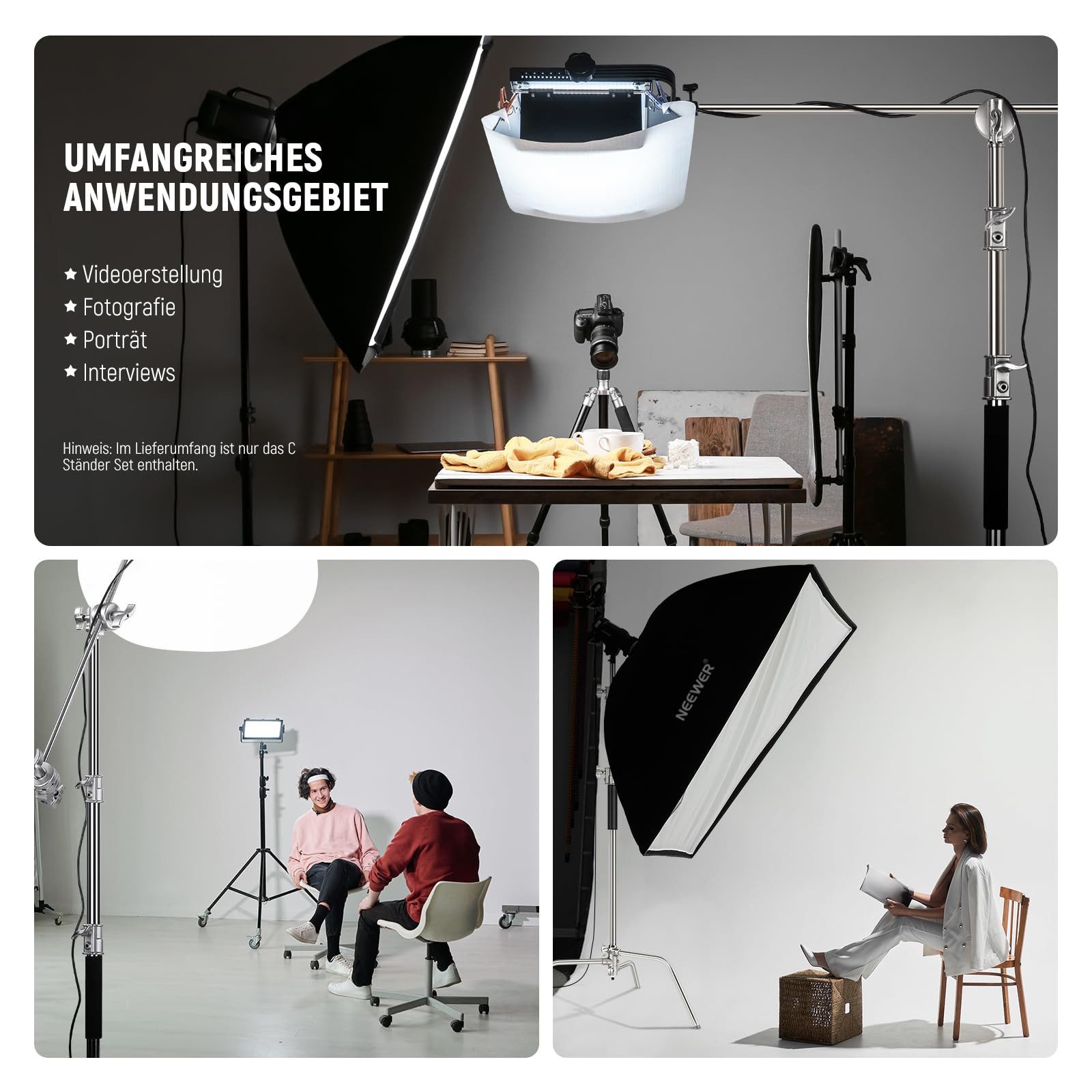 Neewer 100% Edelstahl Heavy Duty C Ständer mit Arm, SC320 Lite Lampenstativ (320cm Fotografie Lichtstativ, 128cm Trag Boom Arm, 2 Griff Köpfe) – Bild 3 von 5