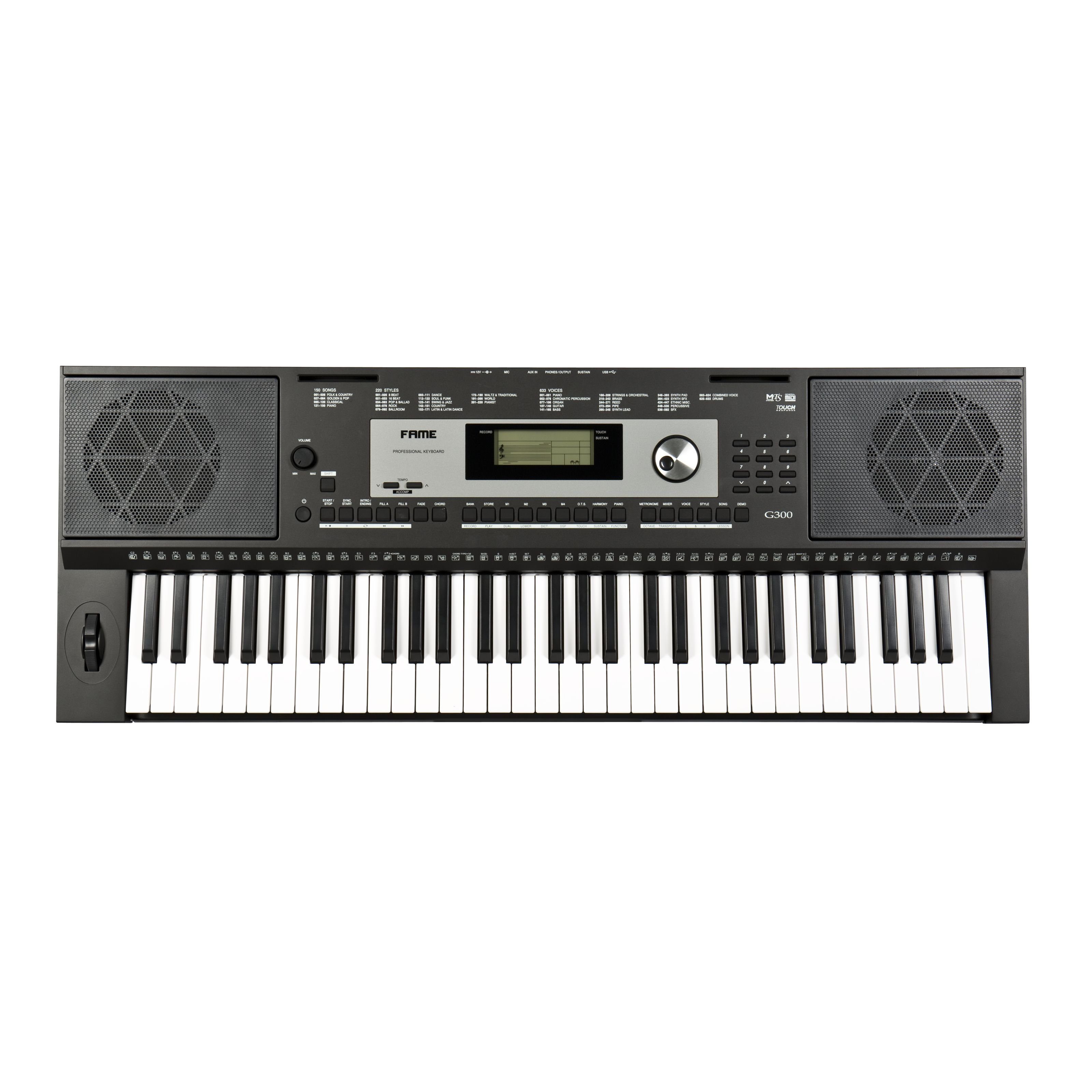 FAME Home-Keyboard (G-300 Keyboard, E-Piano mit 128-facher Polyphonie, 61 Tasten, 220 Styles, 633 Sounds, anschlagdynamischer Klaviatur, 150 Songs, Lautsprechern und Hammermechanik, Schwarz, Keyboards, Home Keyboards), G-300 Keyboard, E-Piano, anschlagdynamische Klaviatur