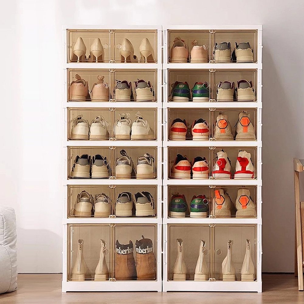 JEOBEST Schuhbox Faltbare Schuhschrank mit transparent Türen, Schuhboxen Stapelbar, (2 St., Weiß - 6 Ebenen)Installationsfrei, Turnschuhe Stöckelschuhe