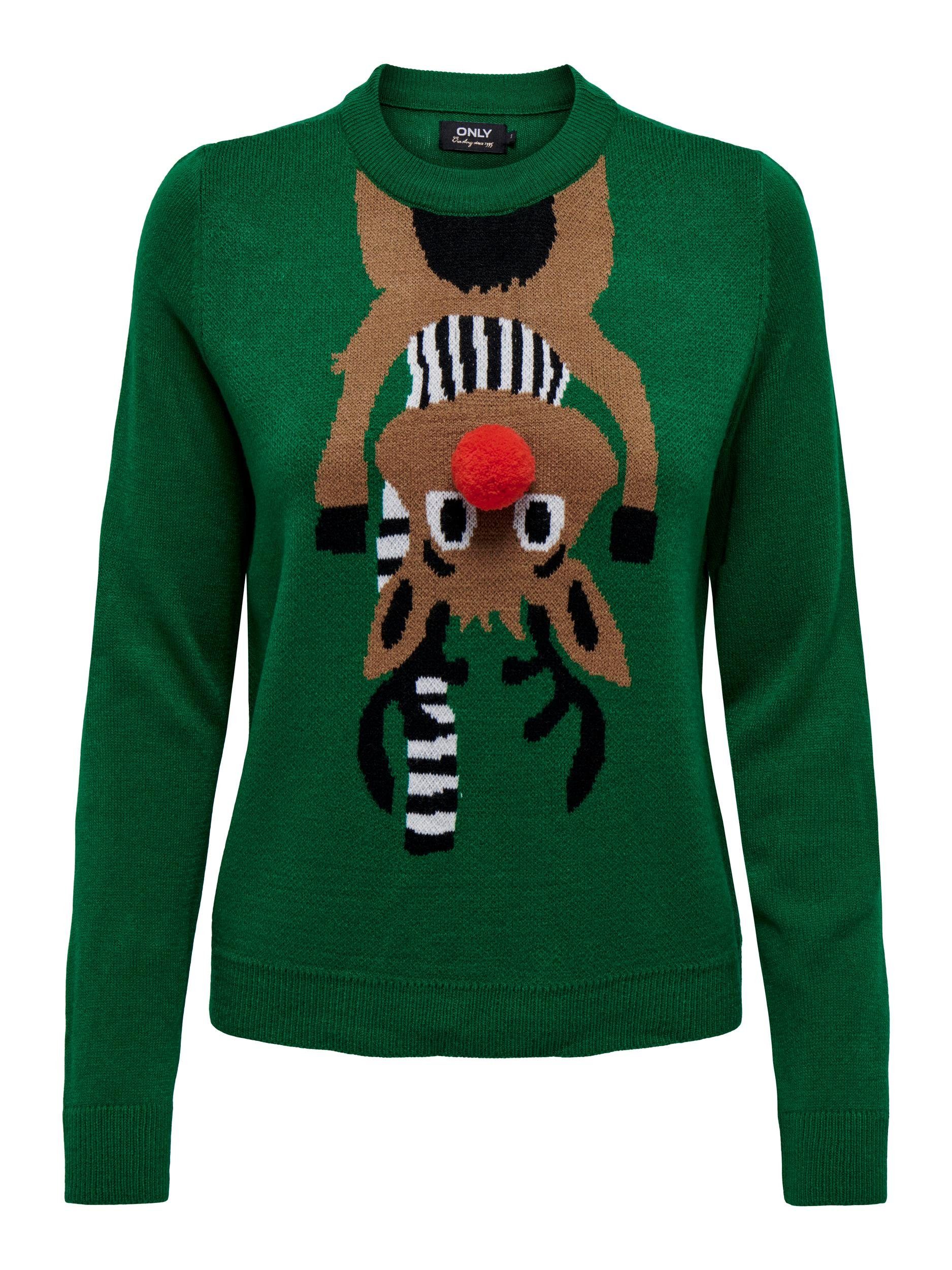 ONLY Weihnachtspullover ONLXMAS DEER LS O-NECK BOX KNT Green Jacket Pattern:Poppy Red/Black/CD/Toasted Coconut