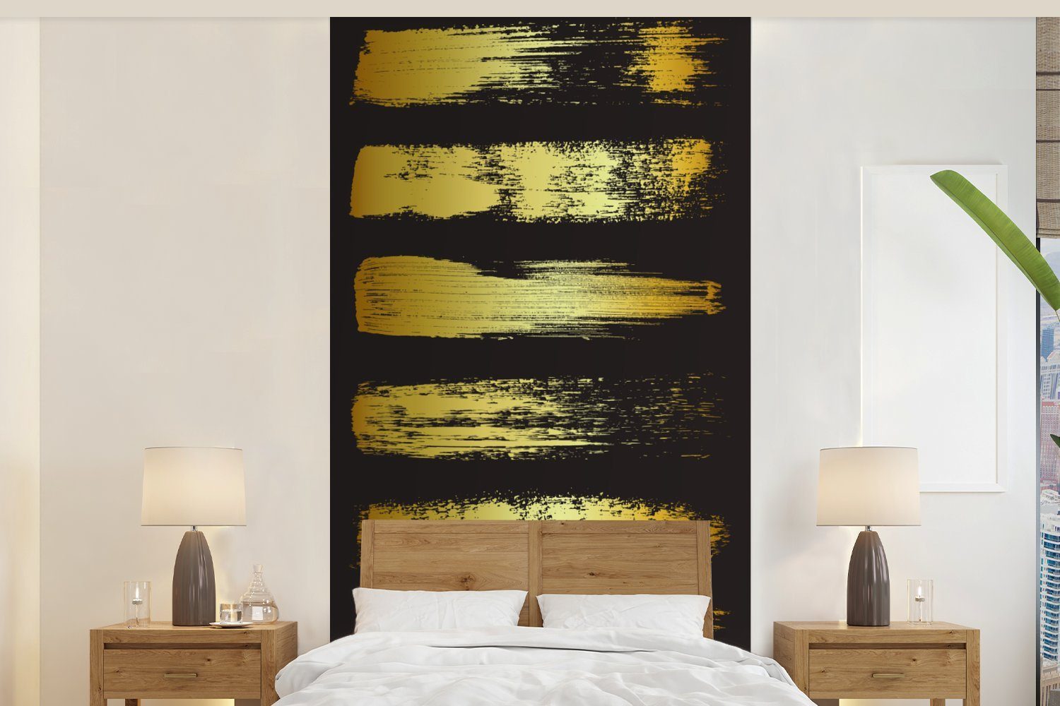 MuchoWow Fototapete Goldene Streifen auf schwarzem Hintergrund, Matt, bedruckt, (2 St), Vliestapete für Wohnzimmer Schlafzimmer Küche, Fototapete