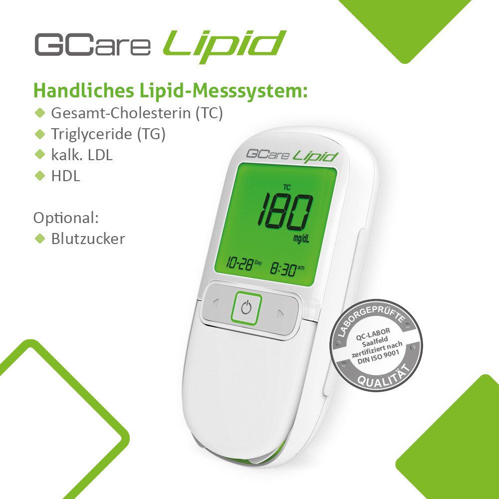 GCare Lipid Cholesterin Messgerät 4 in1 (TC, TG, HDL& kalk. LDL), Mit 20 Teststeifen, 110 Lanzetten, hochwertiges Etui etc.