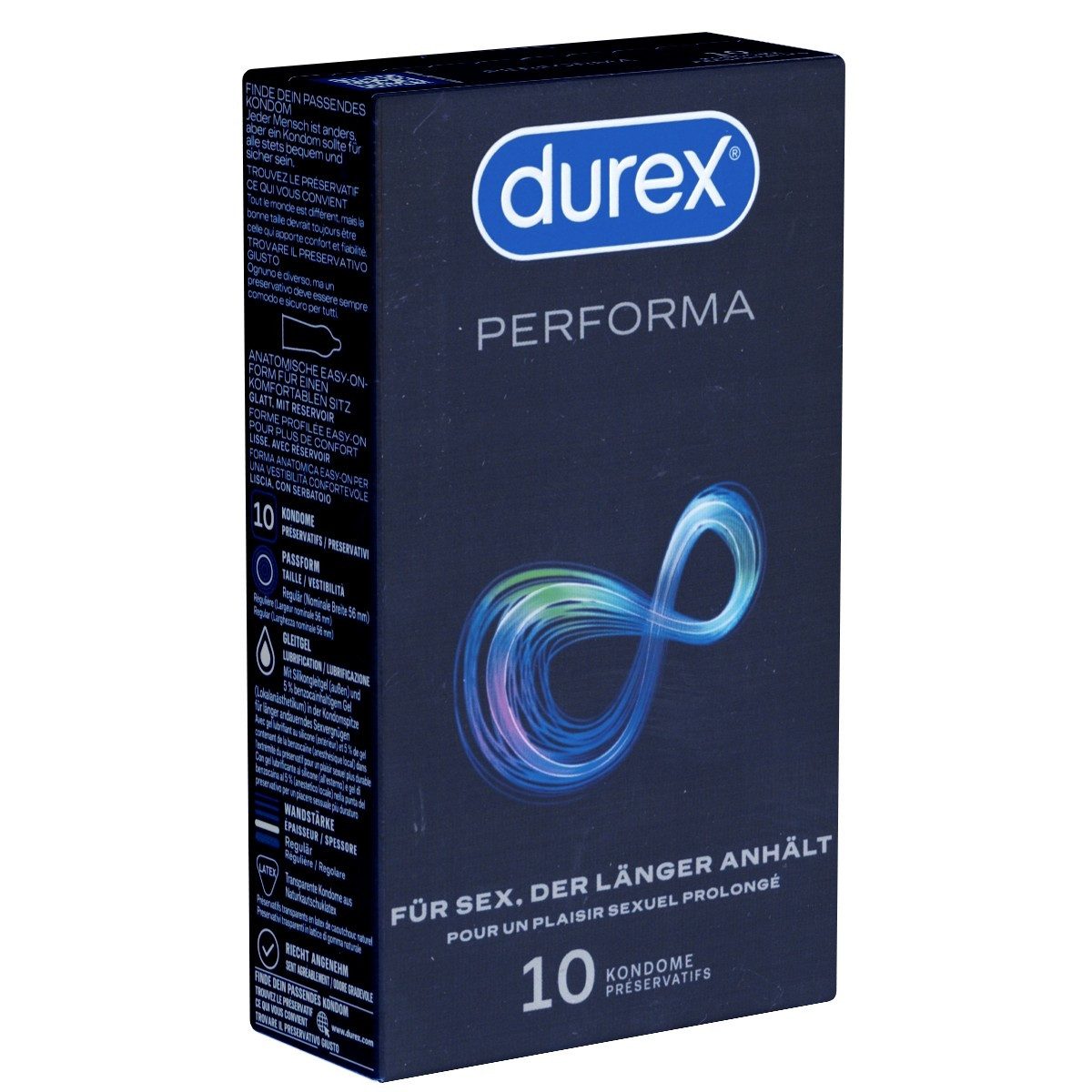 durex Kondome Performa Packung mit, 10 St., ausdauernde Markenkondome für einen längeren Liebesakt