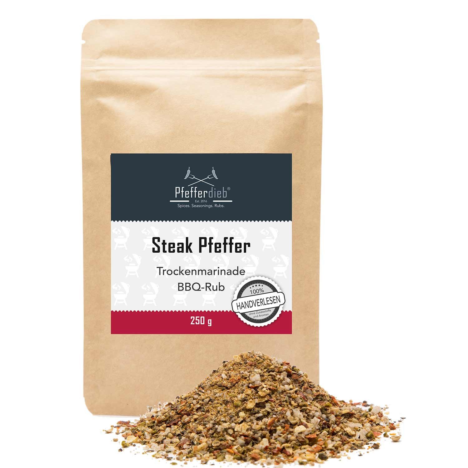 Pfefferdieb Gewürz Steak Pfeffer - Grillgewürz, Trockenmarinade, BBQ Rub, 250g