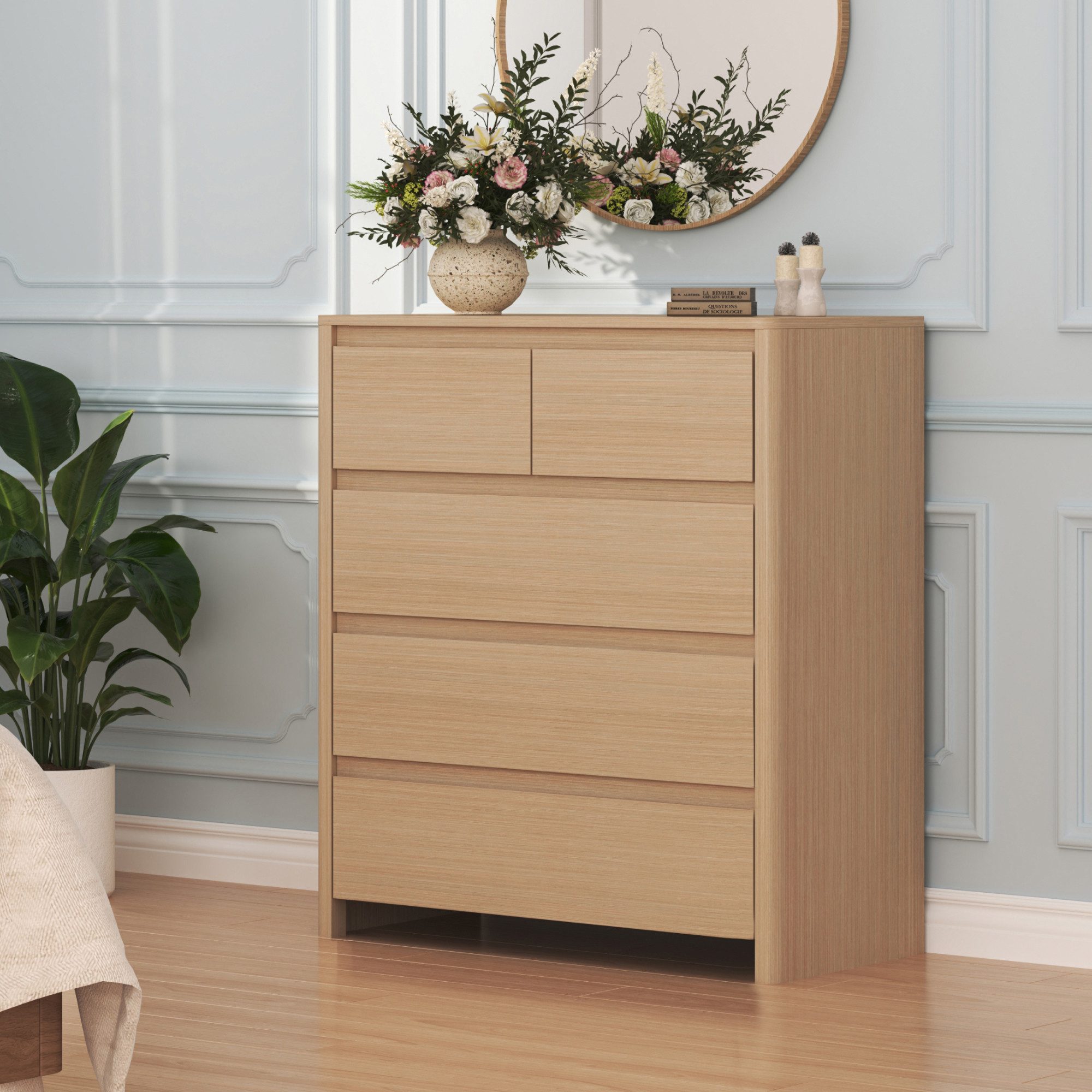 en.casa Kommode, »Takranmaa« mit 5 Schubladen 79 x 39 x 90 cm Eicheoptik
