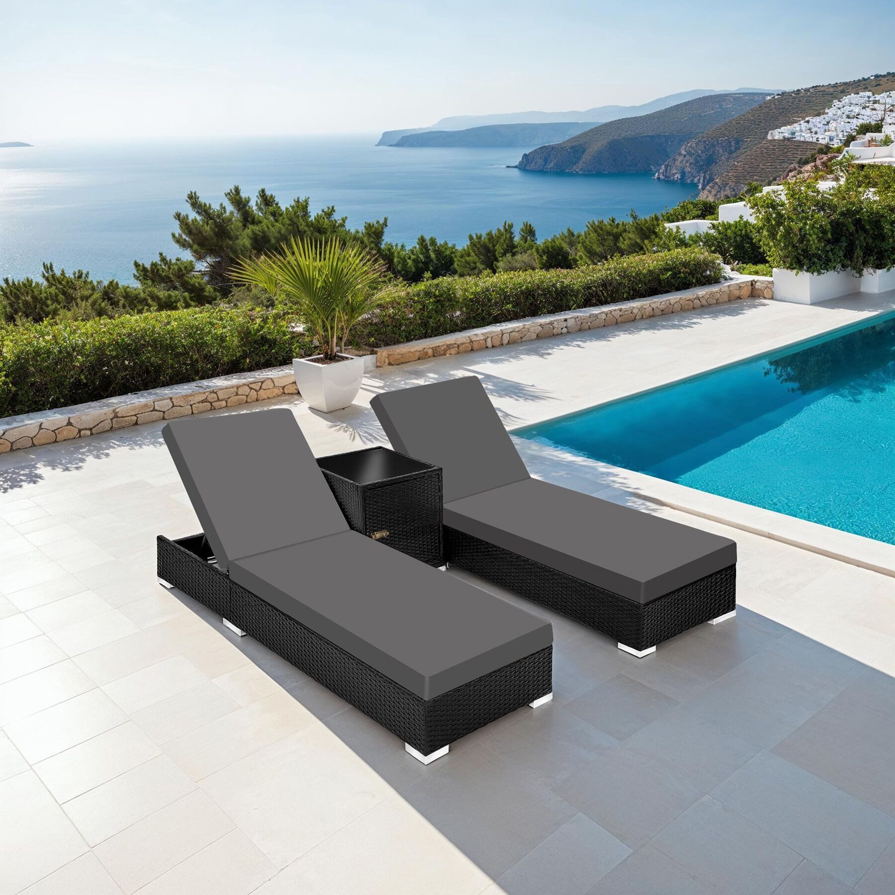 tectake Gartenliege Rattan Sonnenliegen, inklusive 2 Bezugssets und Schutzhülle, Rattan Liegestuhl Nautica, 1 St., in schwarz, wetterfest und UV-beständig, Tisch mit Staufach, Sicherheitsglasplatte