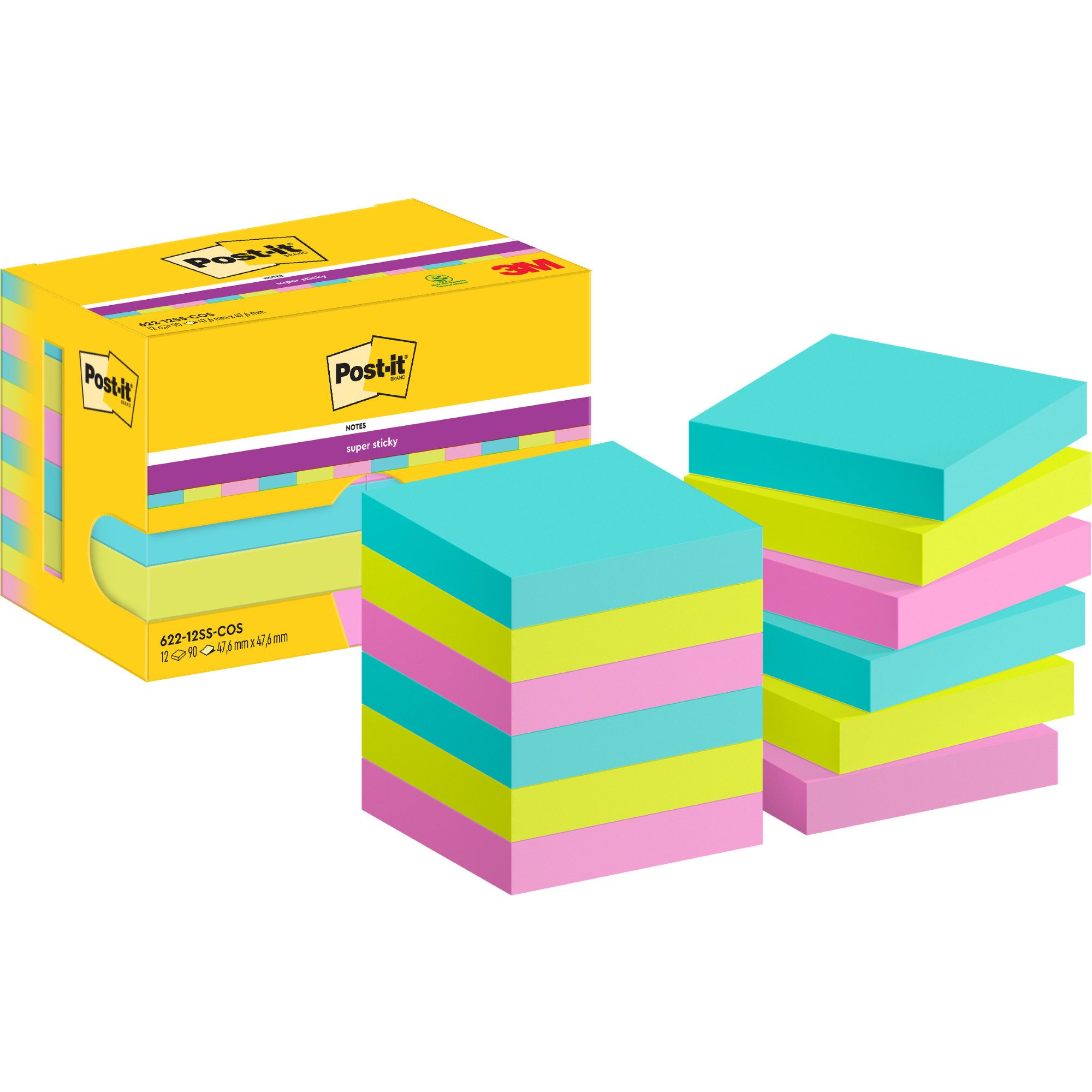 Haftnotizblock Haftnotiz Super Sticky 622-12 SS-COS 47,6x47,6mm 12x90 Blatt.