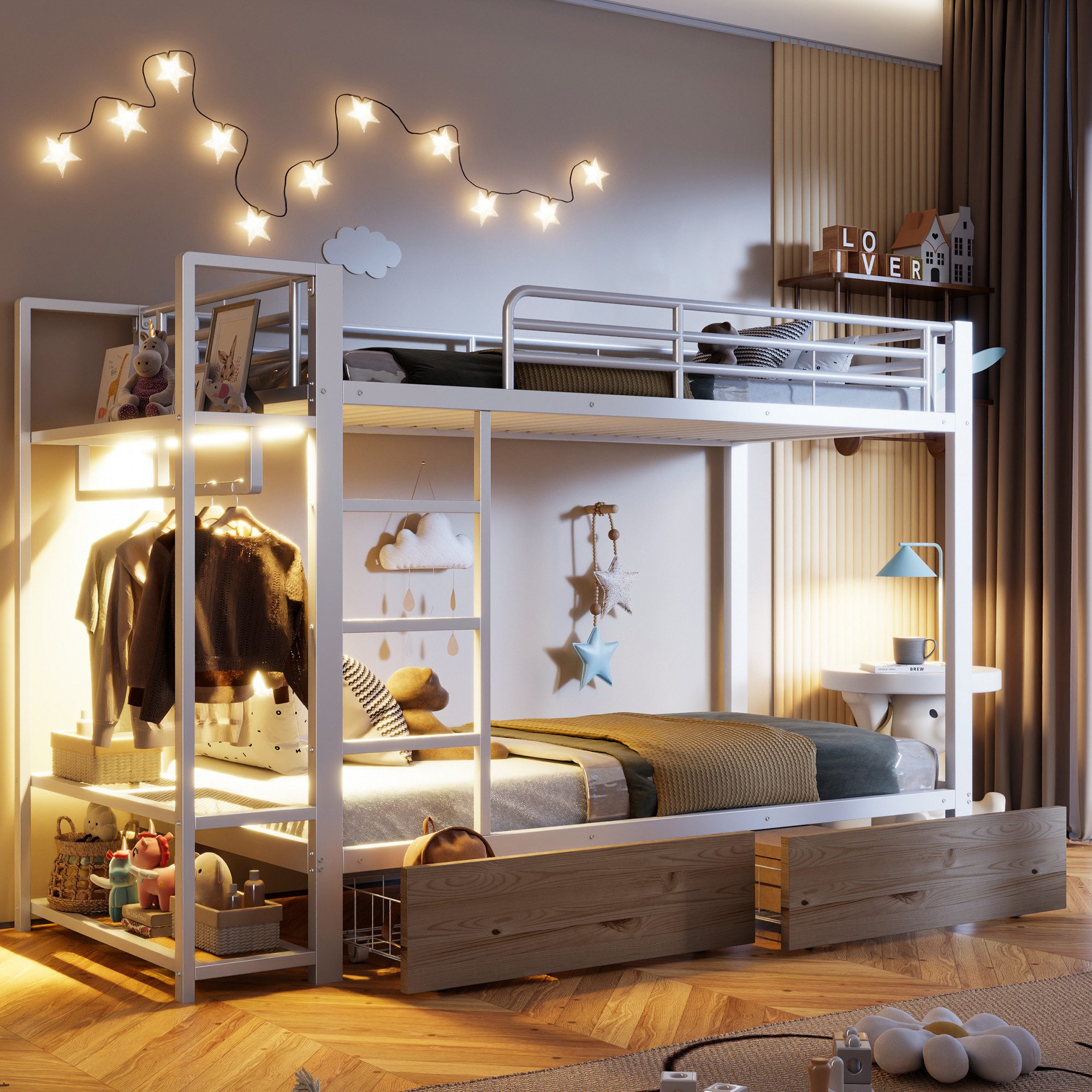 Merax Etagenbett mit LED Lichtleiste (Metallbett Jugendbett Stockbett Doppelbett mit Eisenrahmen, 1-St), Kinderbett 90x200cm mit Kleiderstange, 2 Schubladen & Ablageflächen