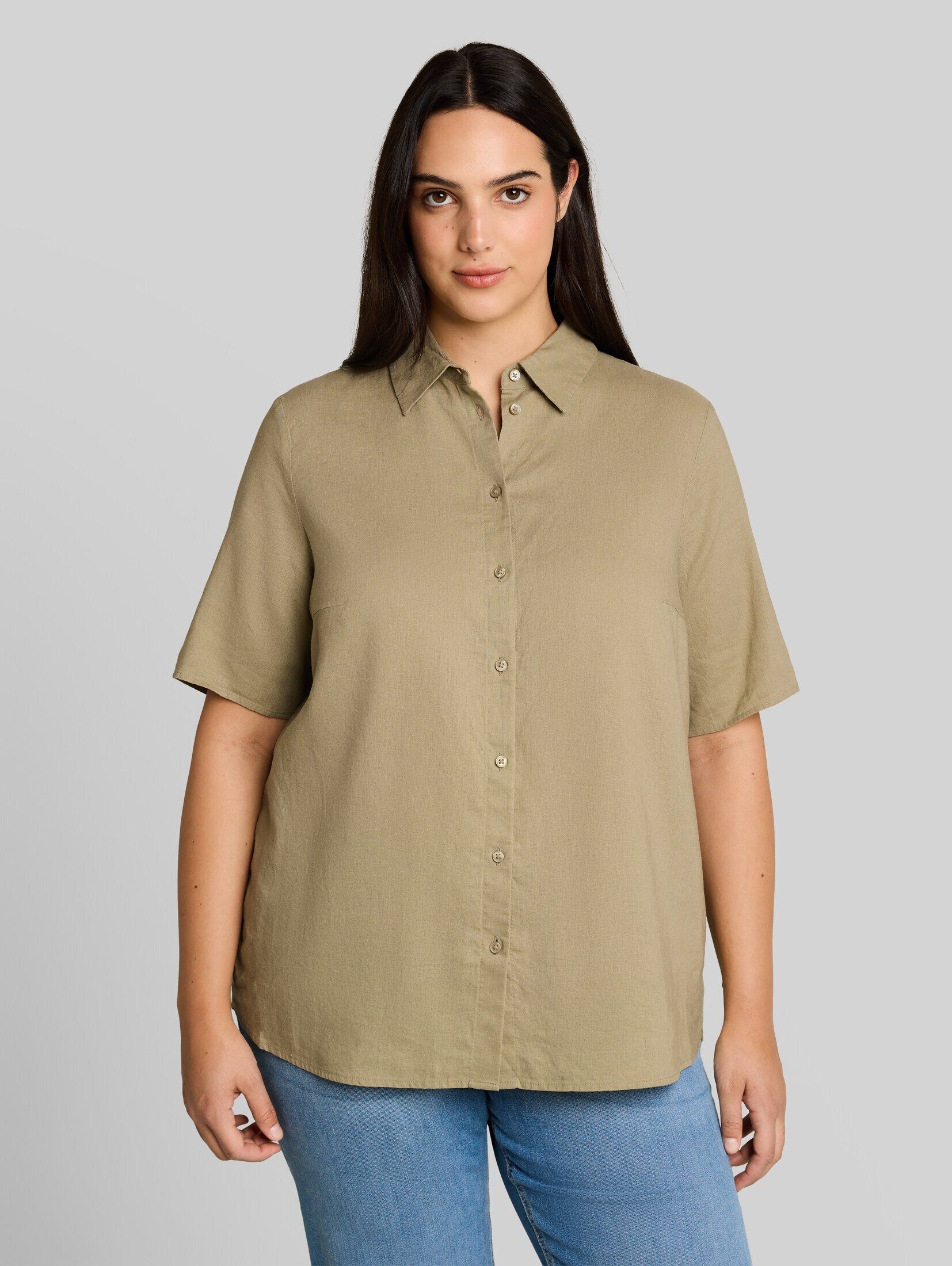 TOM TAILOR PLUS Kurzarmbluse Blusen & Shirts Plus Size - Loose Fit Bluse mit Leinenanteil