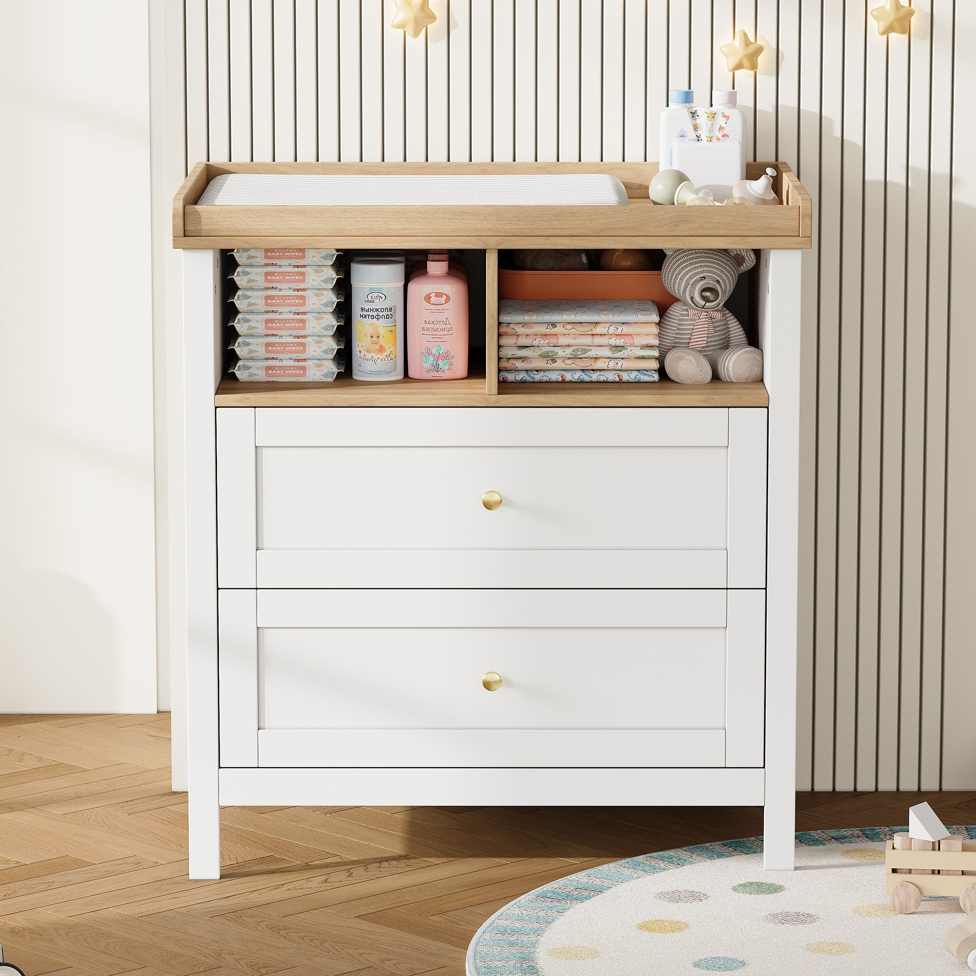 Flieks Wickelkommode, Wickeltisch 82x50x90cm mit Schubladen und abnehmbarem Wickelaufsatz
