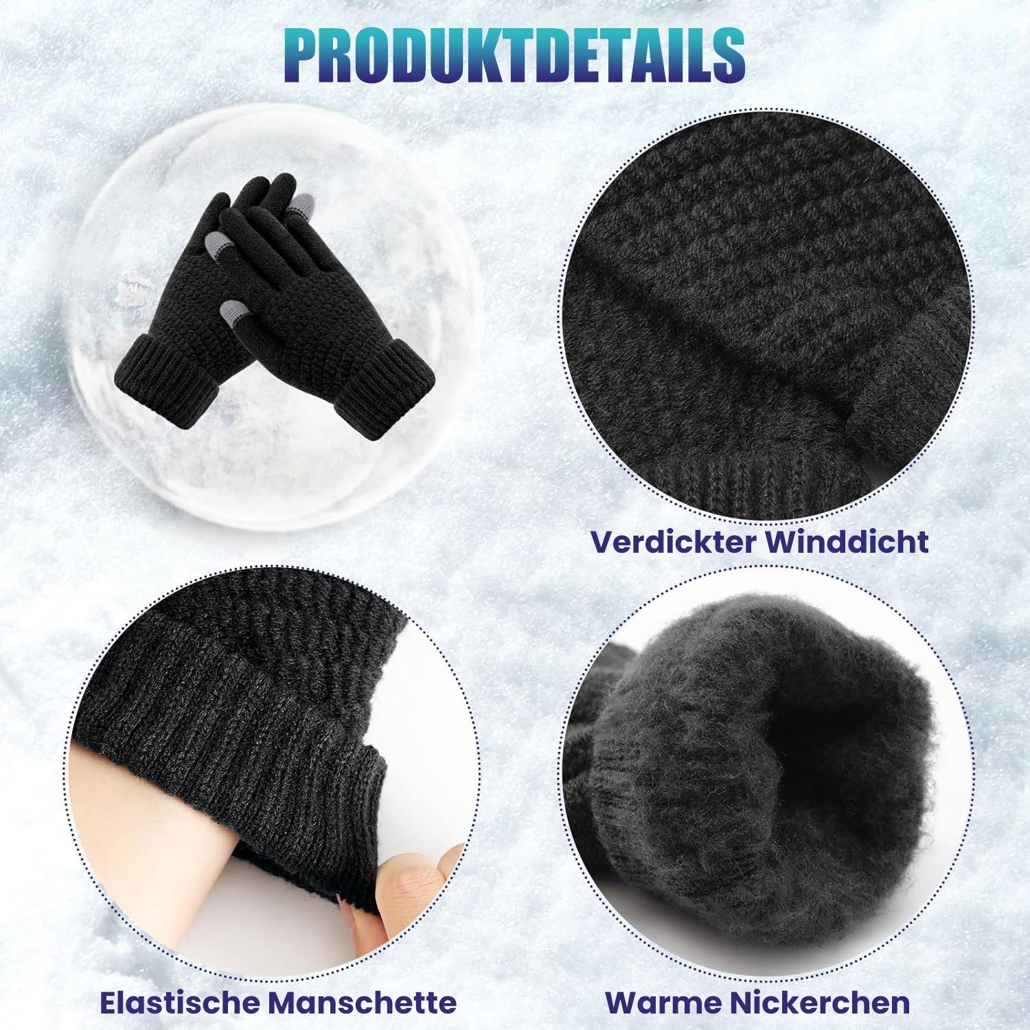 Strickhandschuhe Damen Wolle Weiß Paar Fleecehandschuhe 2 MAGICSHE Touchscreen