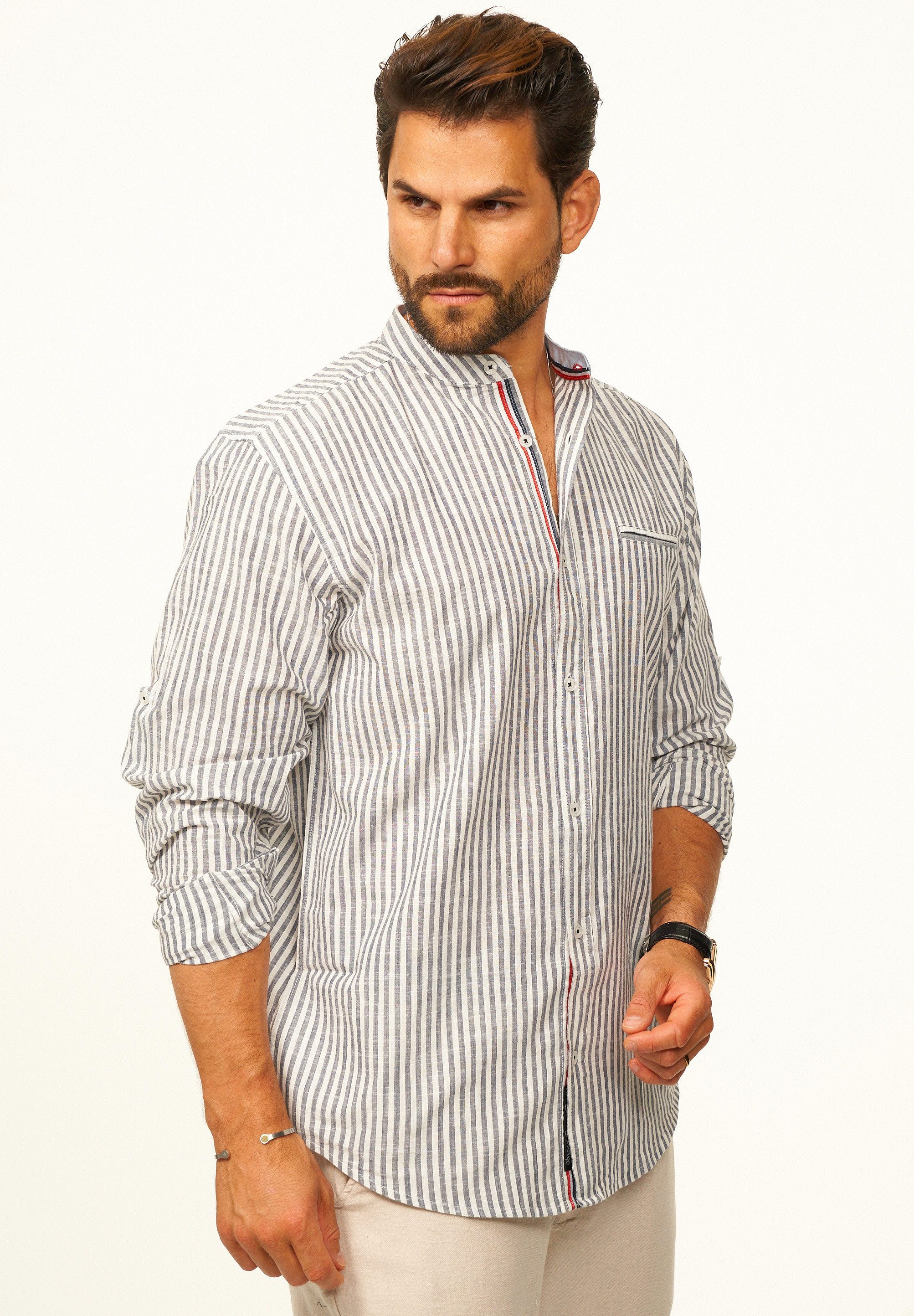 behype Langarmhemd Gestreift im Regular-Fit mit Stehkragen Herren Sommerhemd als Freizeithemd