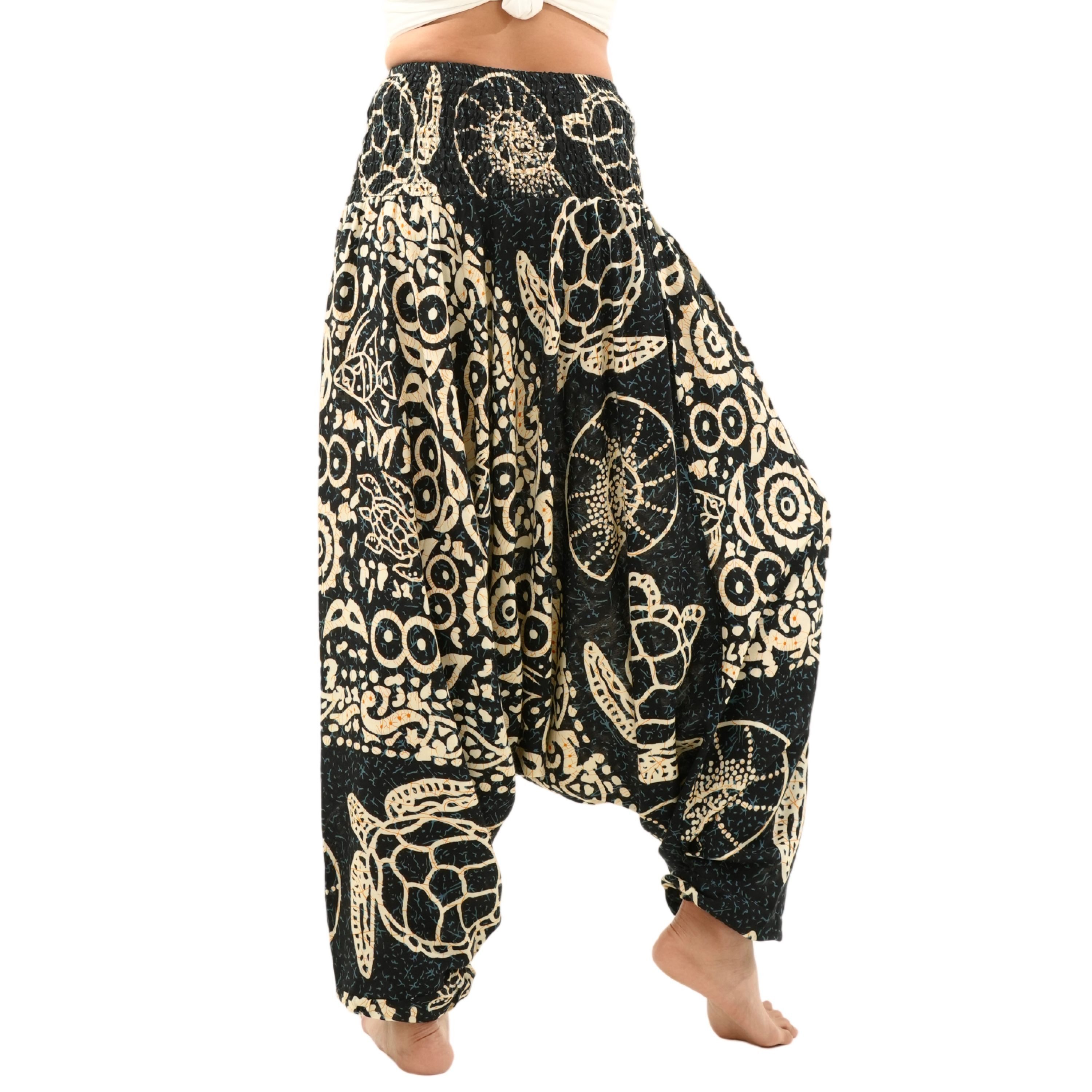 PANASIAM Haremshose Aladinhose aus 100% Viskose weite Haremshose mit breitem Gummibund tropische Genie Hose Buddha Hose Relaxhose lockere Sommerhose Pumphose