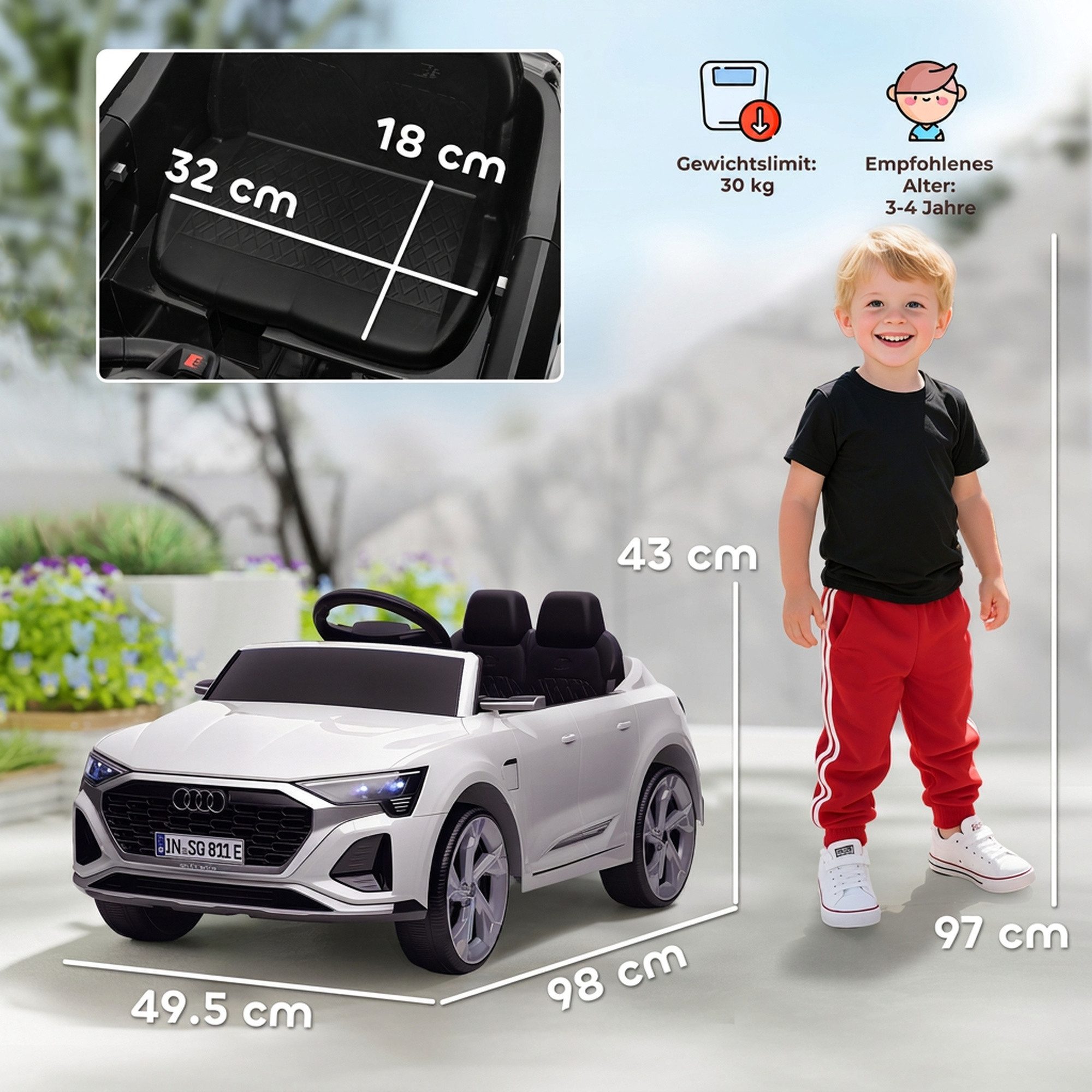 AIYAPLAY Elektro-Kinderauto Kinder 12V Audi Q8 Kinderauto mit 2,4G Fernbedienung, 2 Motoren, Belastbarkeit 30 kg, (1-tlg), 3-5 km,h, für 3-4 Jahre Kinder, Weiß