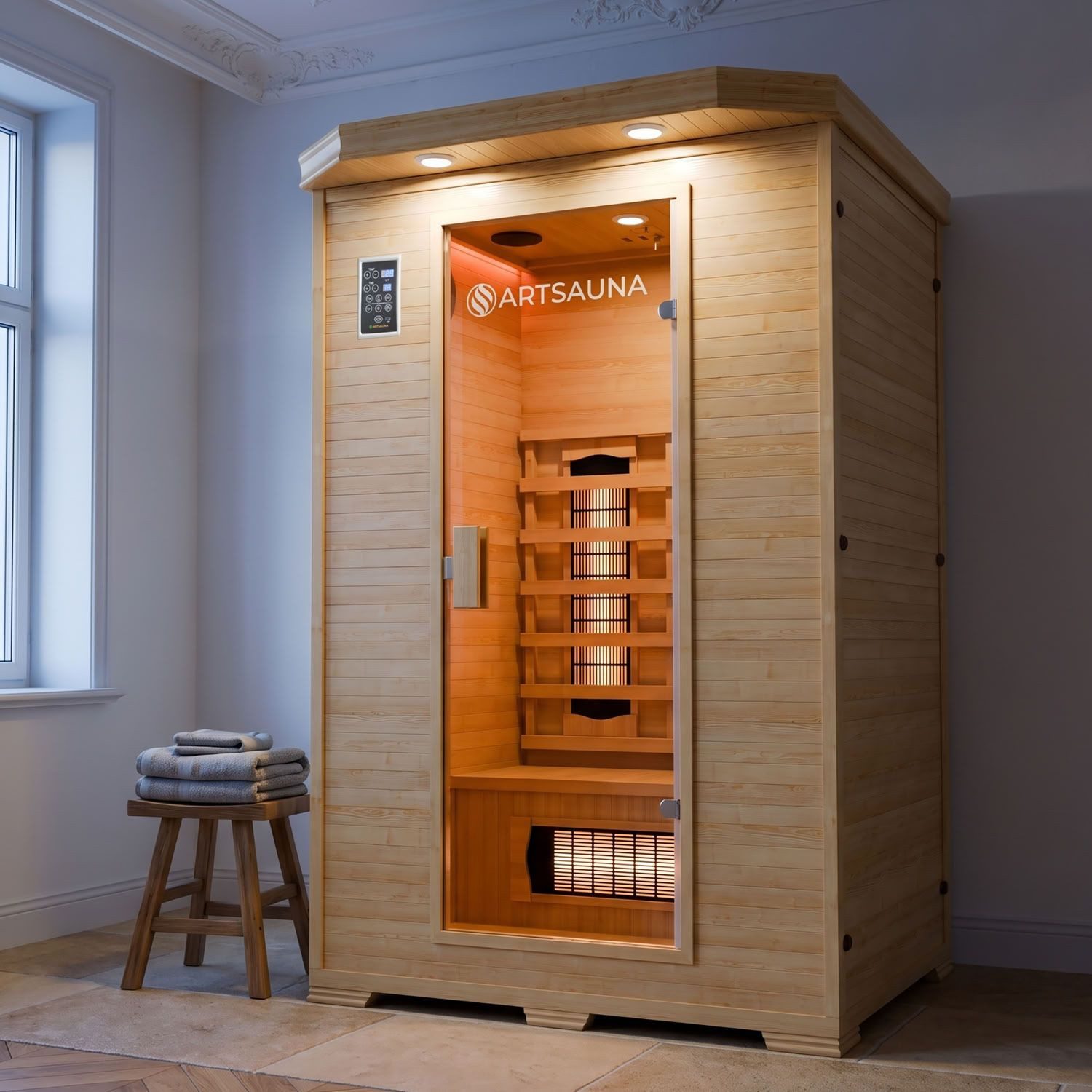 Artsauna Infrarotkabine Oslo, für 2 Personen, Hemlockholz, HiFi-System, Ionisator, LED-Farblicht