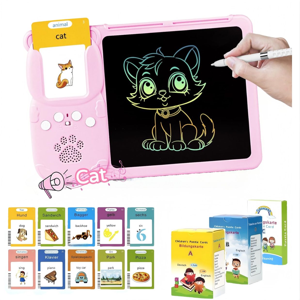 ibettertec Lernspielzeug Sprechende Flash-Karten,Spielzeug,Deutsch Lernspielzeug,510Wörter (Deutsch und Englisch Lernen für Kinder, 2 in 1 Lernspielzeug Lesen und Schreiben,Montessori-Spielzeug), 510 Wörter Sprechende Flash-Karten,mit LCD Schreibtablett,Geschenk