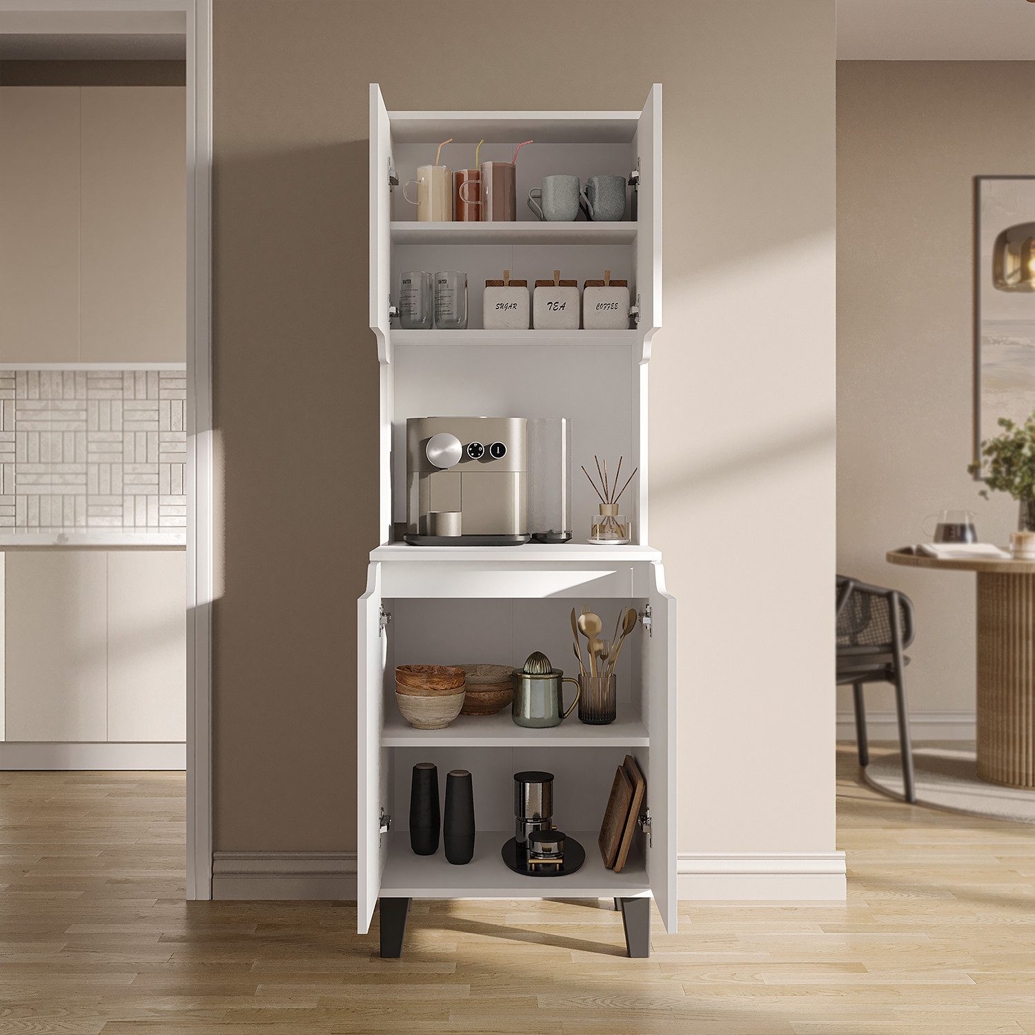 Roomart Küchenbuffet DEFNE mit Nische Kaffeebar Mikrowellenschrank Vorratsschrank, 5 Farben Offene Nische für Kaffeemaschine, 4 Türfächer – Bild 4 von 5