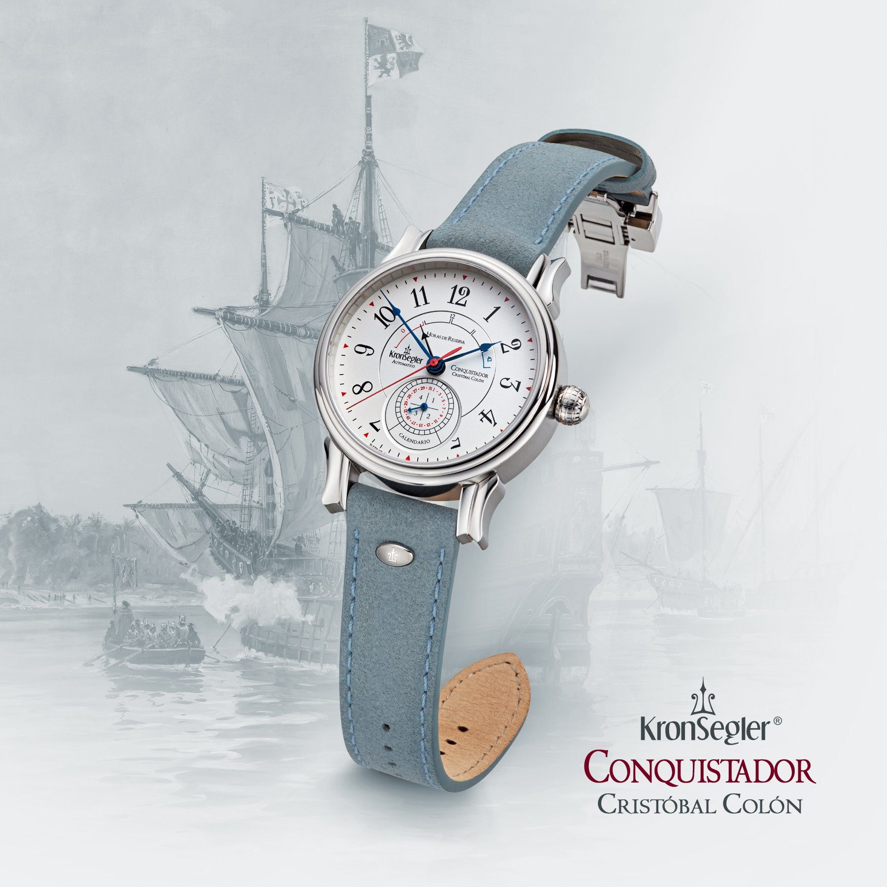 Kronsegler Automatikuhr Conquistador, Saphirglas, Lederband, Faltschließe, Gangreservenanzeige, Datum
