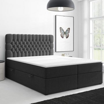 Möbel Punkt Boxspringbett Ferrara One Grau Schwarz, inkl. Bettkasten und Topper, Chesterfield - Optik