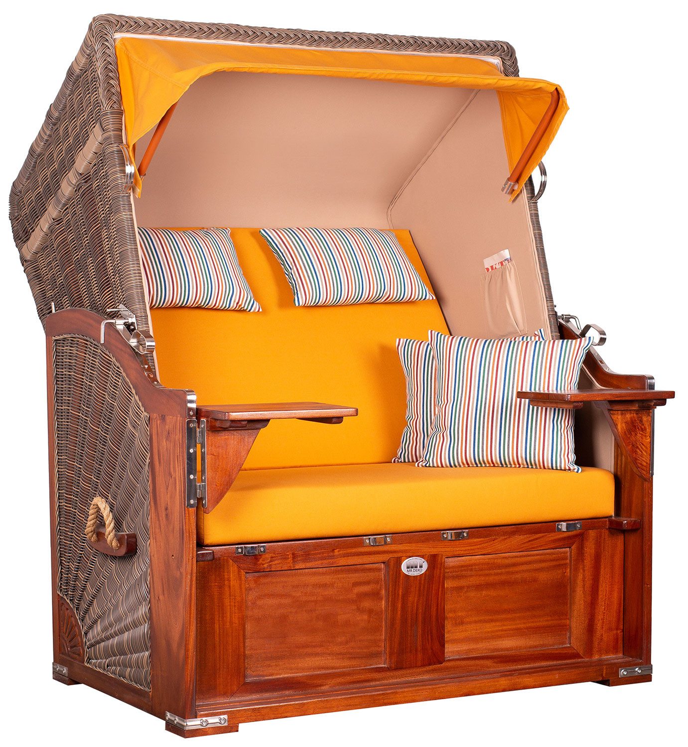 MR.DEKO Strandkorb 2-Sitzer Seeblick Vollholz PE Grey Volllieger, BxTxH: 125x80x170 cm, Volllieger, Seeblick, (Zweisitzer als Volllieger für Balkon und Garten), der Strandkorb mit einhängbaren Fußablagen, wetterfest