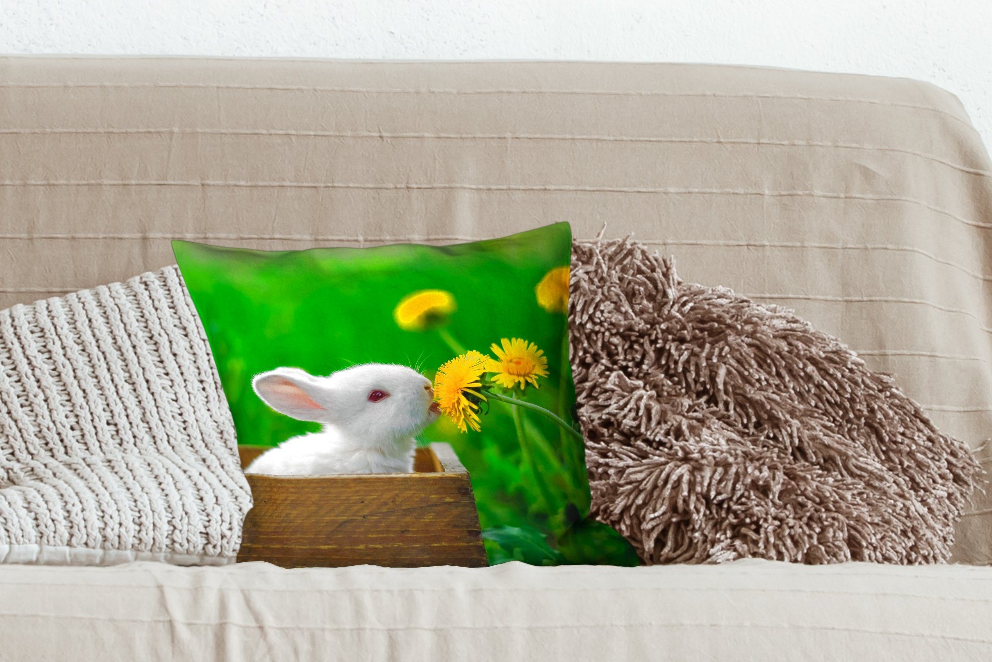 MuchoWow Dekokissen Kaninchen - Löwenzahn Deko, Gras, mit für Schlafzimmer, Füllung Wohzimmer, Zierkissen Sofakissen 