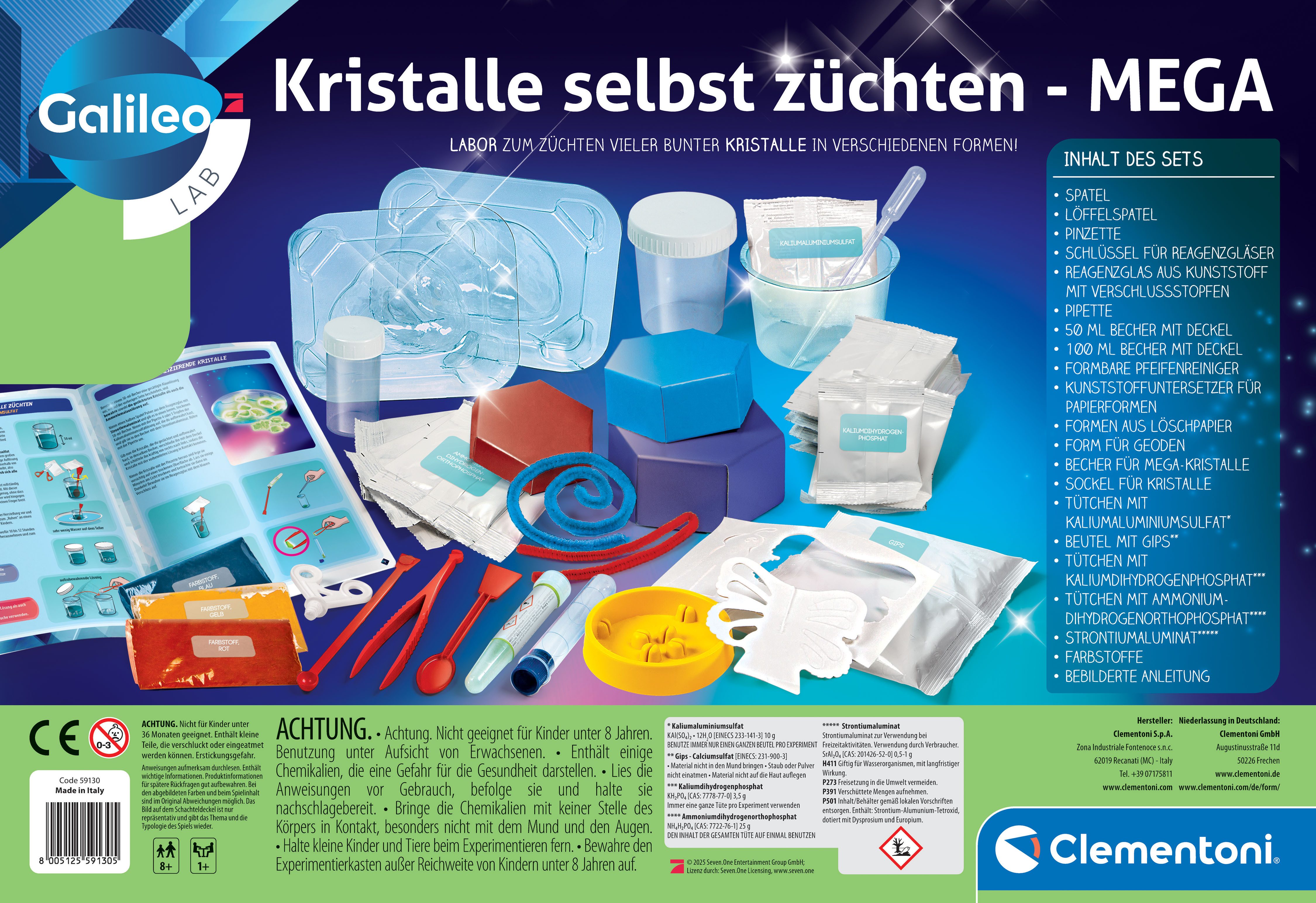 Clementoni® Experimentierkasten Galileo, Kristalle selbst züchten Mega, Made in Europe