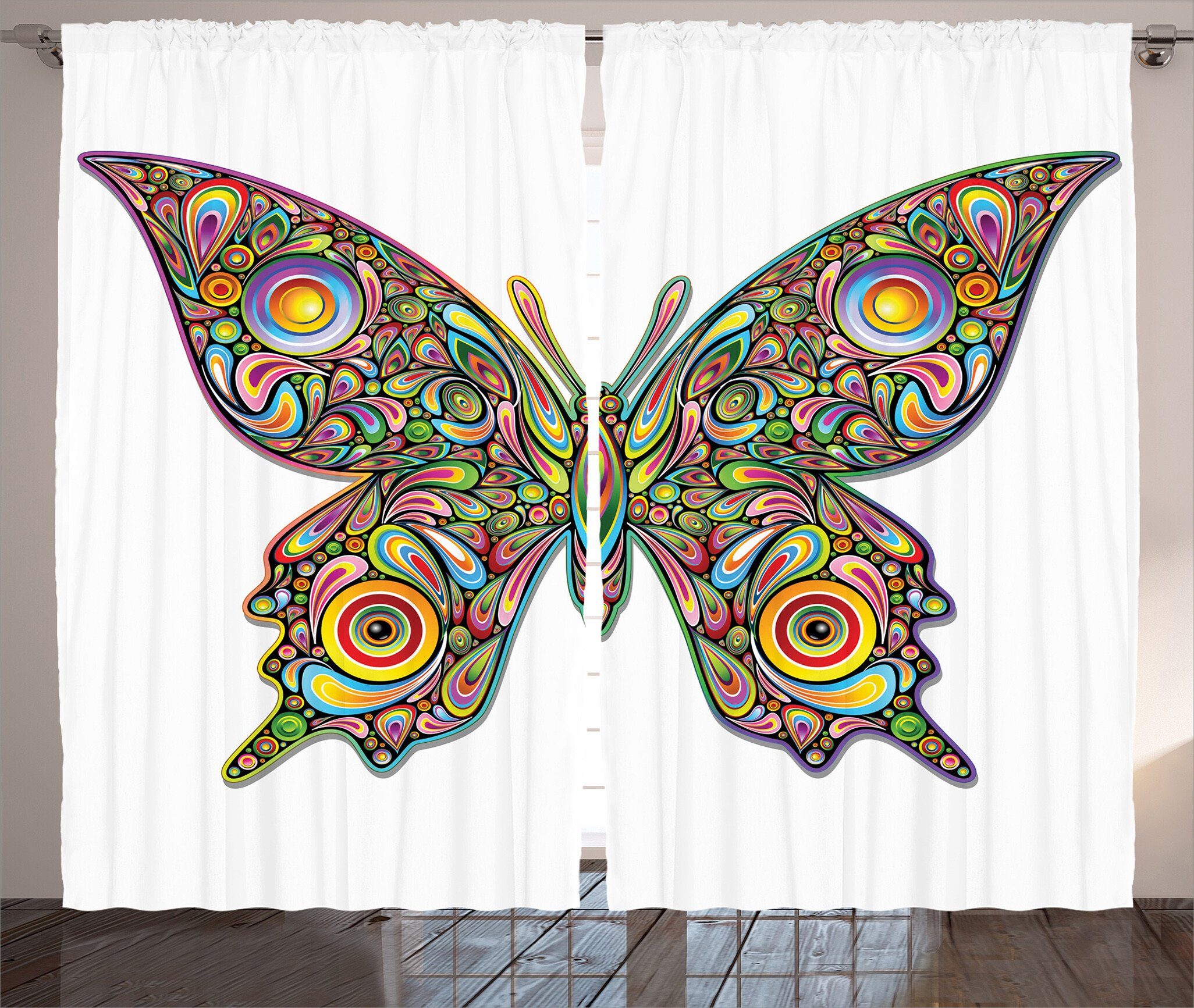 Gardine Schlafzimmer Kräuselband Vorhang mit Schlaufen und Haken, Abakuhaus, Psychedelisch Schmetterling