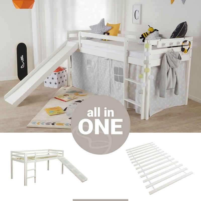 Homestyle4u Hochbett »Kinderbett 90x200 Weiß Grau Lattenrost Matratze« (Bettgestell mit Lattenrost, Rutsche und Leiter)