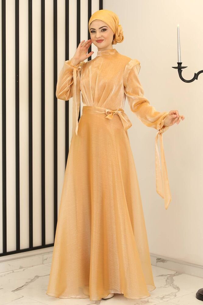 Modavitrini Abendkleid Damen Abendkleid Hijab Kleid glänzend Abiye Abaya Modest Fashion Blickdicht Gelb
