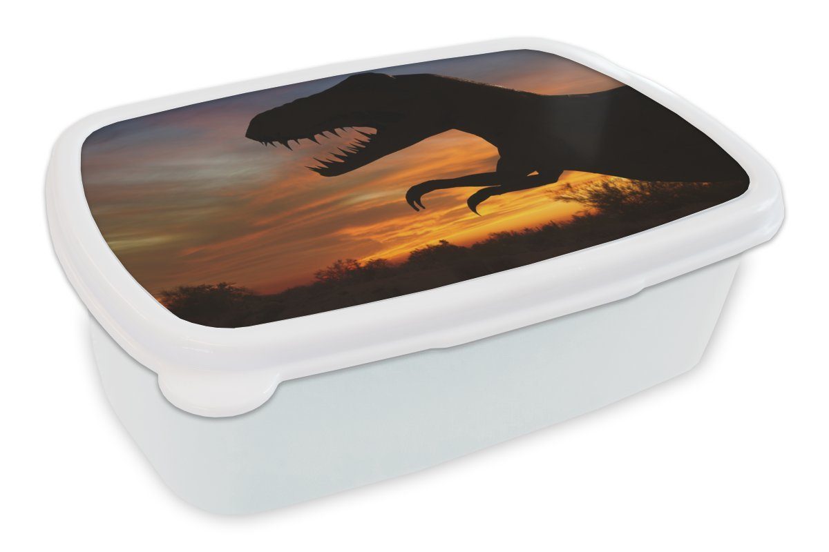 MuchoWow Lunchbox Scherenschnitt - Dinosaurier - Sonne, Kunststoff, (2-tlg), Brotbox für Kinder und Erwachsene, Brotdose, für Jungs und Mädchen weiß