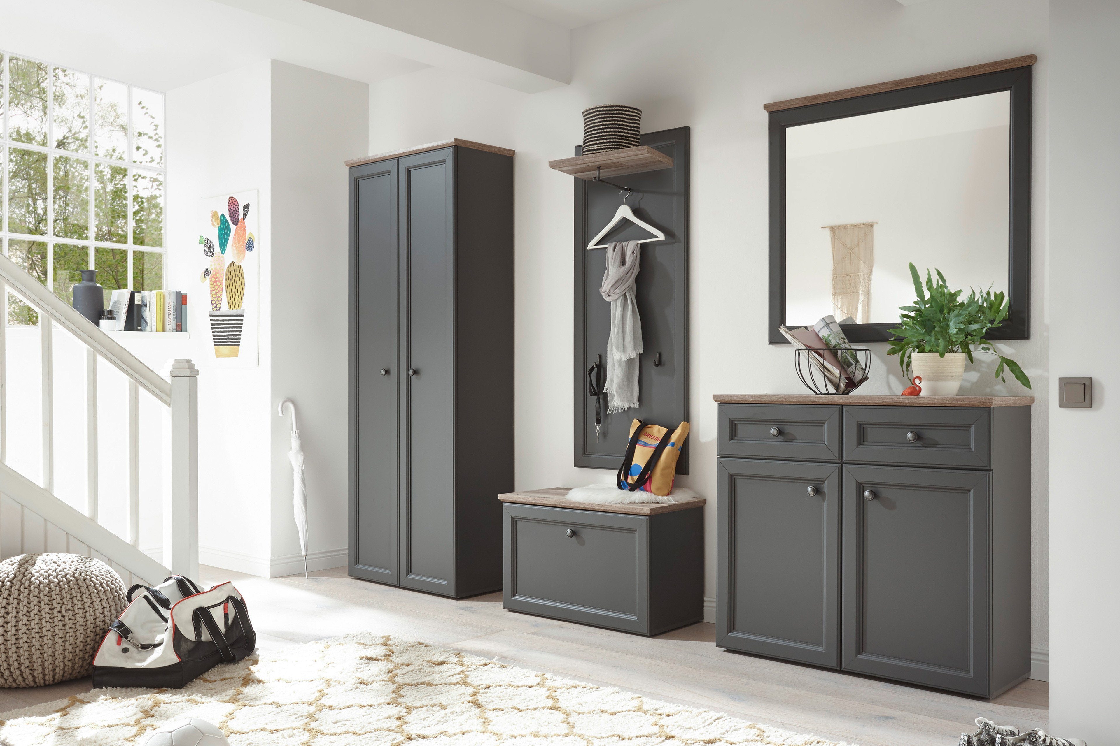 moebel-dich-auf Garderoben-Set MONTANA, (Flur Garderobe im Landhaus Stil Grau / Timber Wood, 285 x 201 x 38 cm Garderobenschrank, Bank, Paneel, Spiegel und Schuhkommode, 5-St)