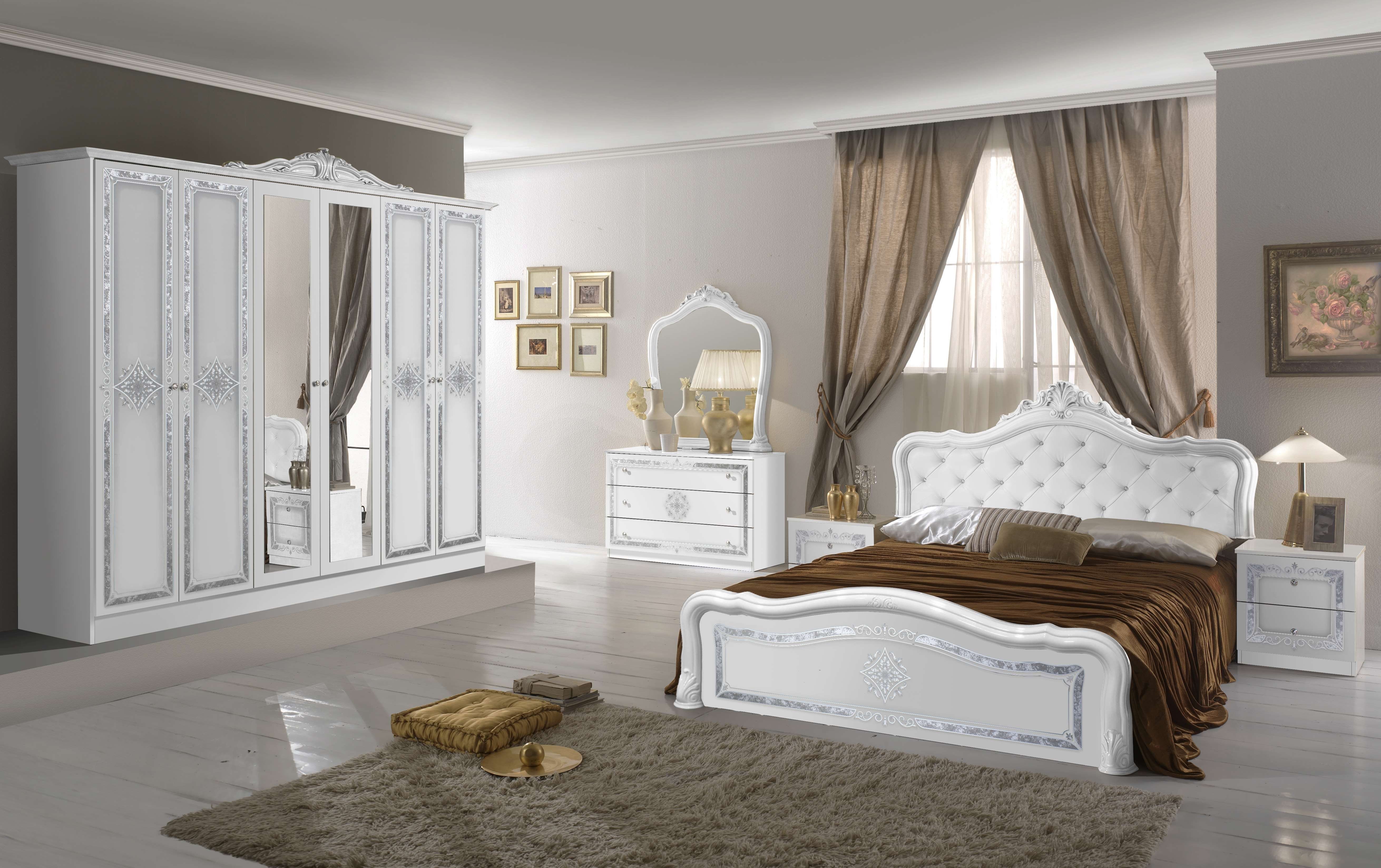 Weiss/Silber Schlafzimmer-Set Barock Interdesign24 Stil im klassischen Livia, 6-Teilig Hochglanz