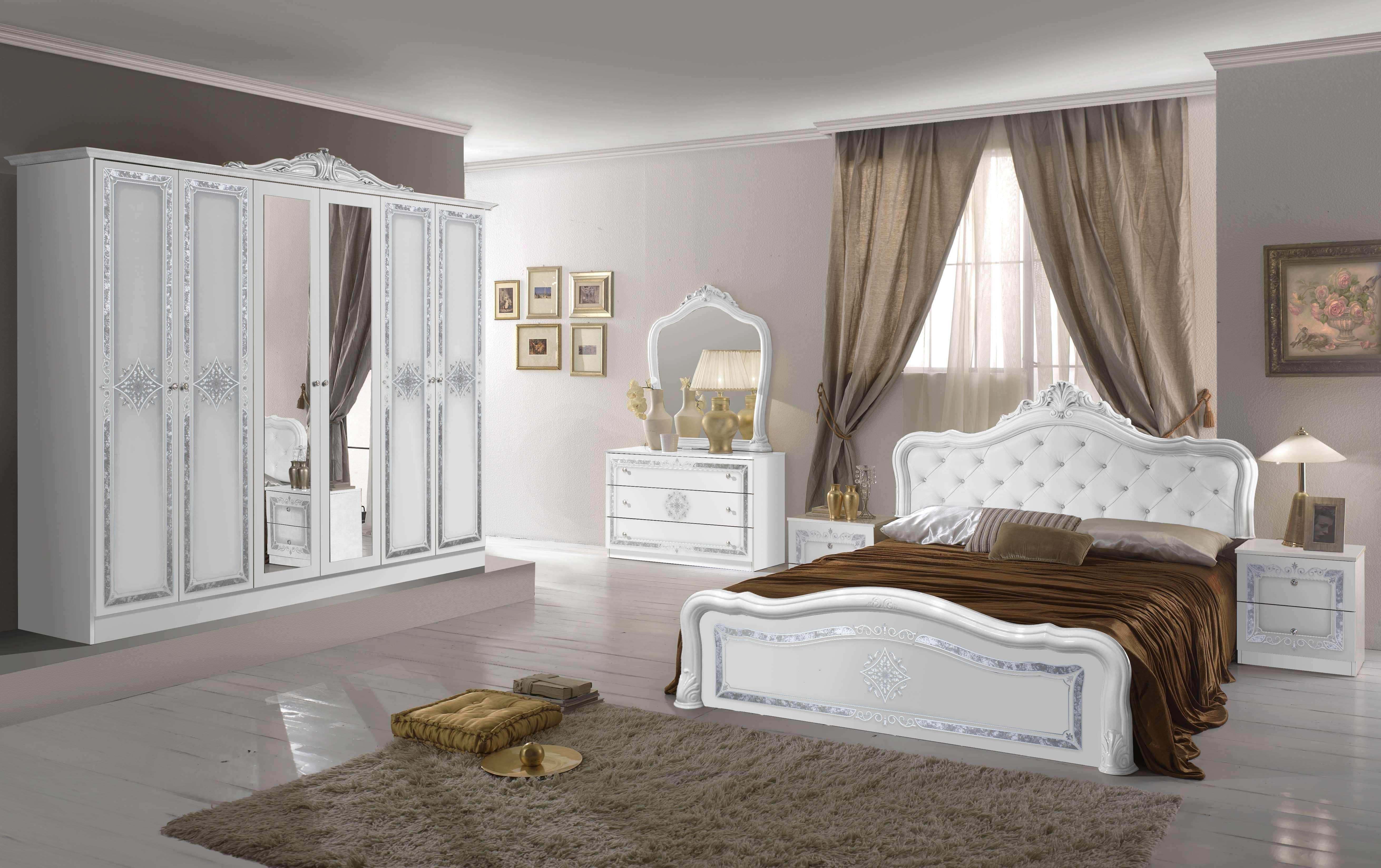 Interdesign24 Schlafzimmer-Set Livia, im klassischen Barock Stil Weiss/Silber  Hochglanz 6-Teilig