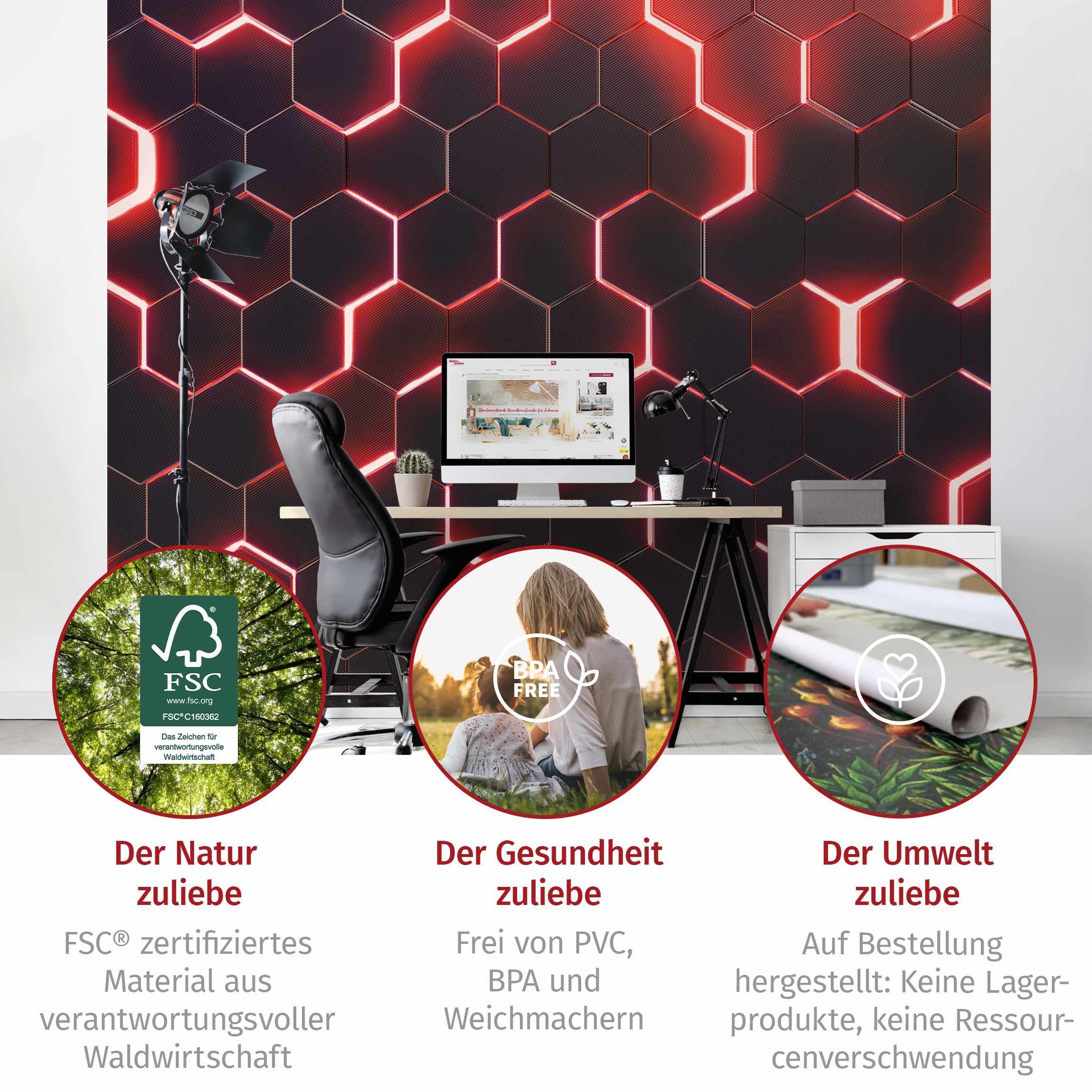 Bilderdepot24 Mustertapete Hexagone Neonlicht Rot 3D-Optik Muster Neon Art Gaming schwarz modern, Glatt, Matt, (Vliestapete inkl. Kleister oder selbstklebend),  – Bild 5 von 5