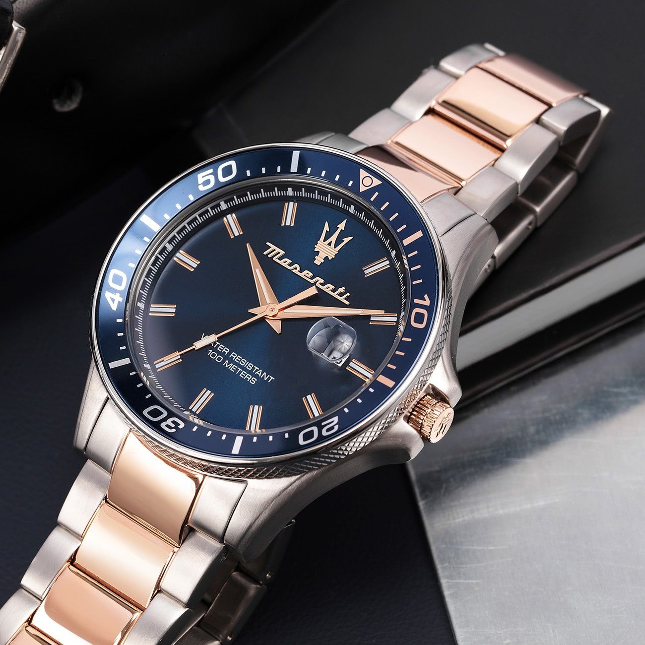 MASERATI Quarzuhr Maserati Unisex SFIDA Edelstahl, (Analoguhr), Herrenuhr rund, groß (ca. 44mm) Edelstahlarmband, Made-In Italy