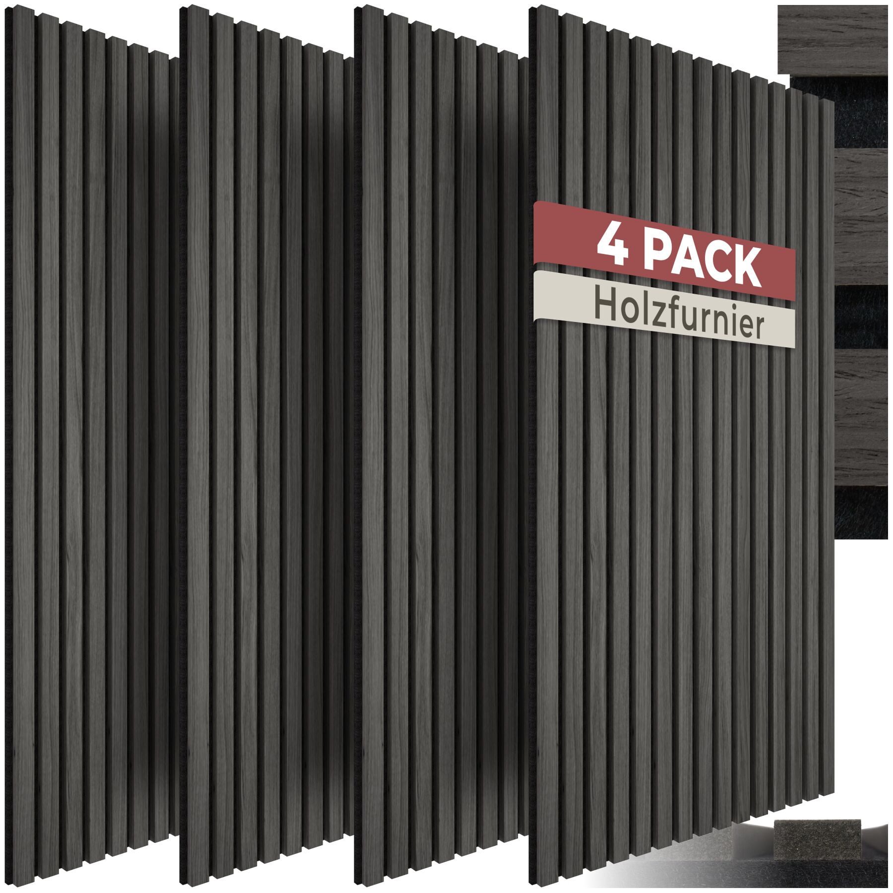 tectake Wandpaneel Akustikpaneele aus MDF und Echtholzfurnier - Eiche schwarz, BxL: 50x110 cm, 0.55000000000000004 qm, (Holzpaneele Sonic Wall II, 4-tlg., Größe flexibel anpassbar) schallabsorbierender Filz, einfache Montage mit Kleber oder Schrauben