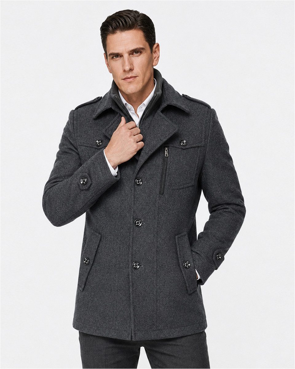 Allthemen Kurzmantel Herren Slim Fit Wollmantel mit abnehmbarem Doppelkragen Wintermantel