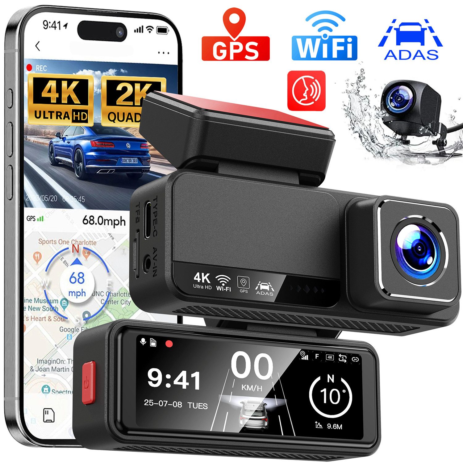 Vornix Dashcam Auto,2-Kanal 4K+1080P Autokamera,Mit GPS 3.16 Zoll-Bildschirm Dashcam (WLAN (Wi-Fi), ADAS, Zeitrafermodus, App-Steuerung Autokamera,140°Ultraweitwinkel, Super Nachtsicht, Autokamera,G-Sensor, Loop-Aufnahme,WDR)