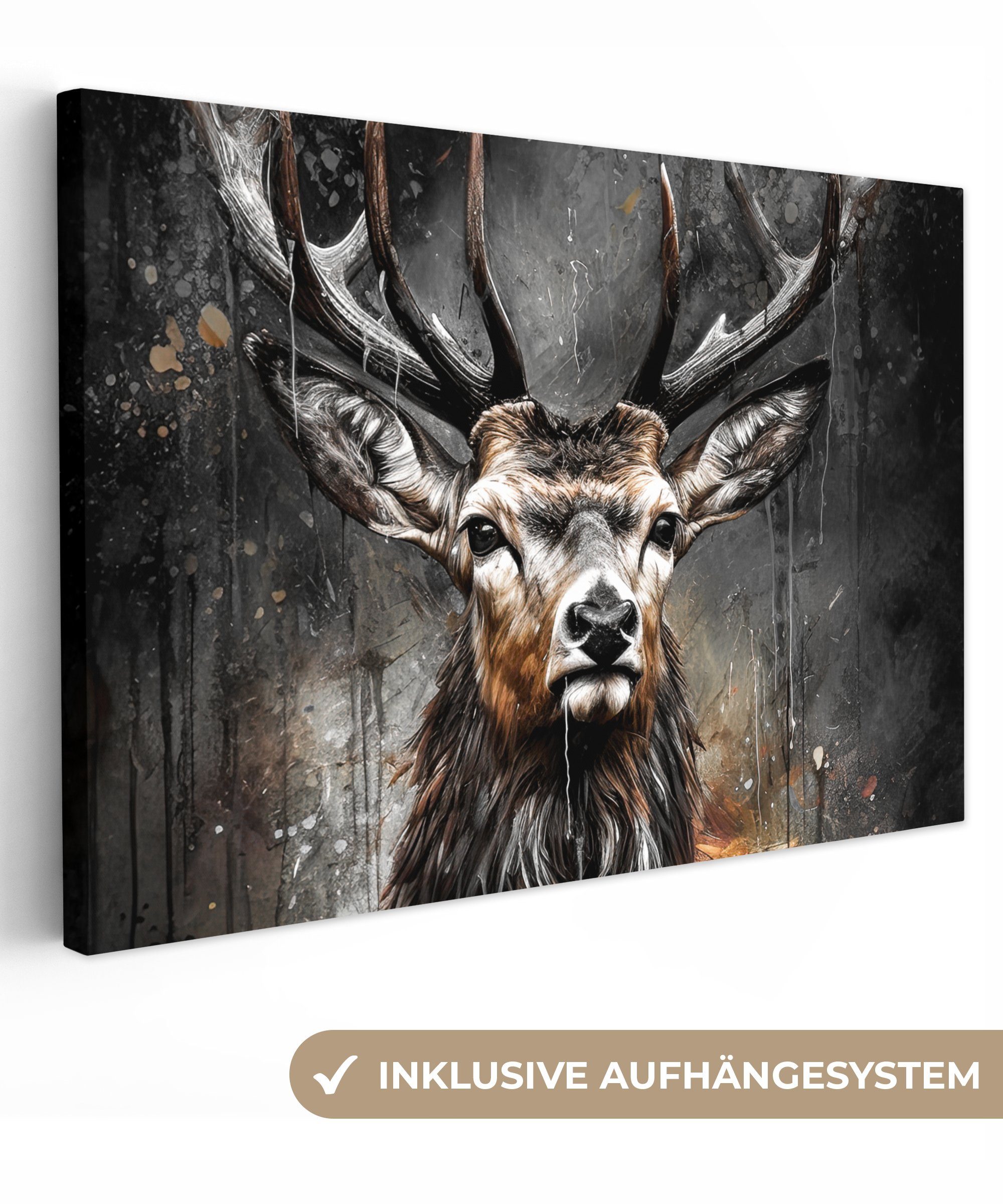OneMillionCanvasses® Leinwandbild Hirsch - Schwarz - Tier - Hirschkopf, Fot günstig online kaufen