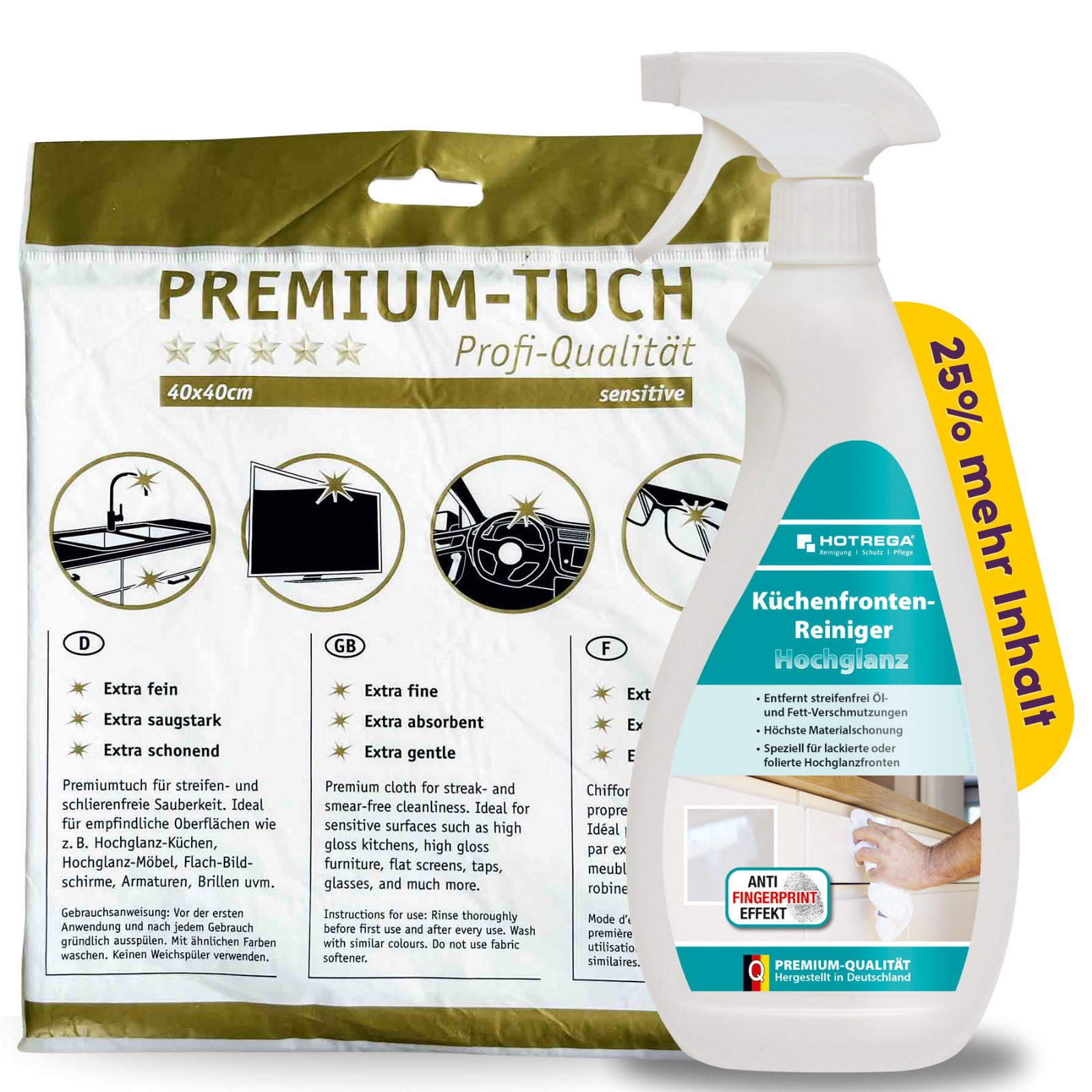 HOTREGA® Küchenfronten Reiniger hochglanz Уборщик кухни (750 ml + Premiumtuch, [- pH-neutral, fettlösend & streifenfrei)