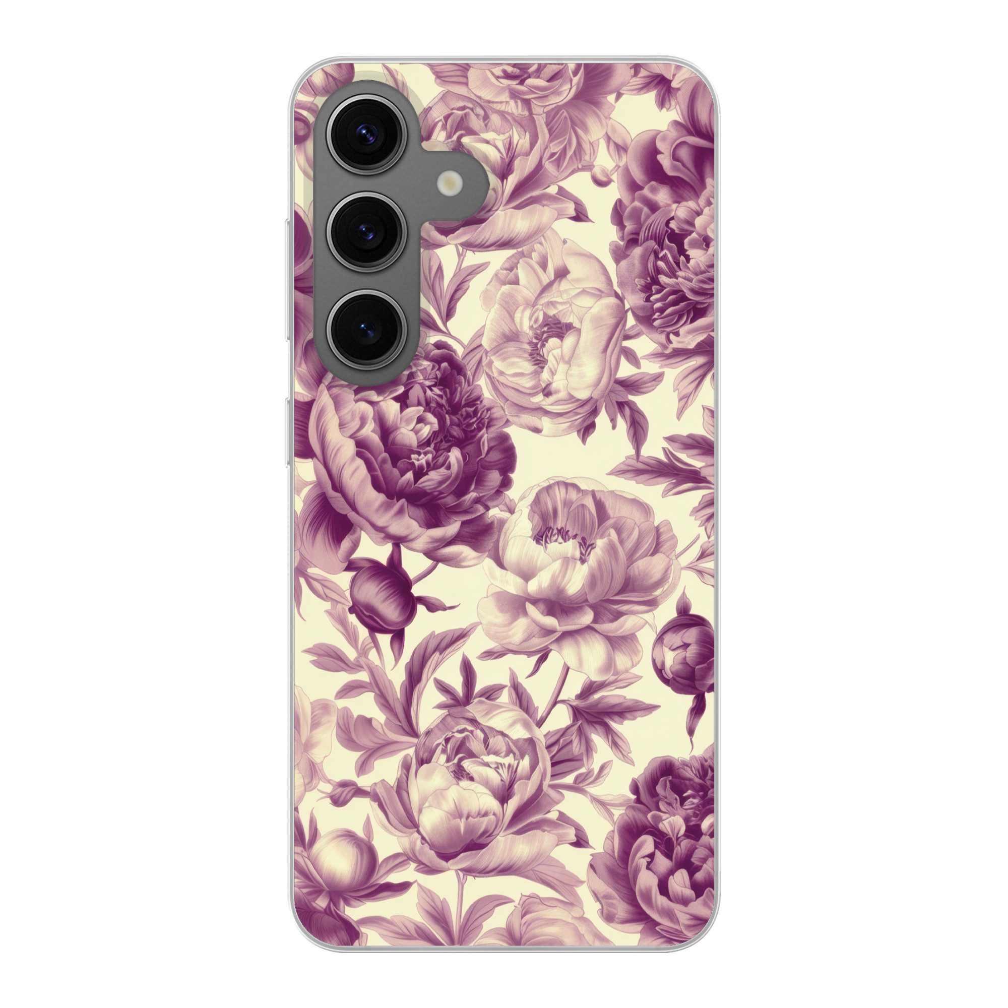 MuchoWow Handyhülle für Samsung Galaxy S24 Blumen - Muster - Lila - Beige, Phone Case, Silikon, Schutzhülle Dünn