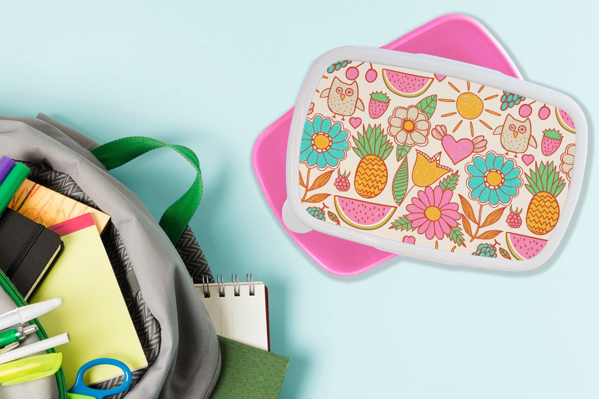 Eule Kunststoff (2-tlg), Lunchbox Muster, Erwachsene, MuchoWow Mädchen, für Kinder, Blumen - - Brotdose - Brotbox Regenbogen - Kunststoff, rosa Snackbox, Kinder