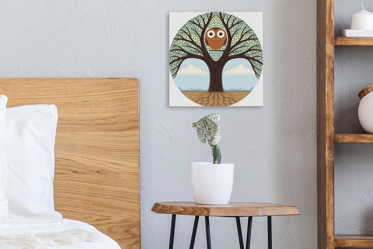Eule für Leinwandbild OneMillionCanvasses® Bilder eine Wohnzimmer Leinwand in (1 Schlafzimmer St), Illustration großen dem eines lebt, Baumes,