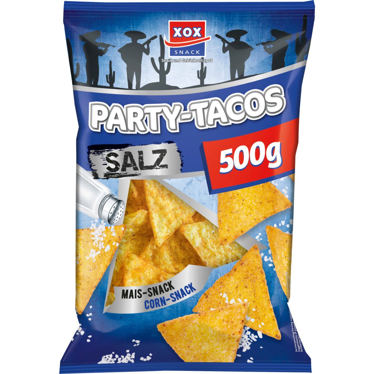 XOX Knabberei, XOX Party Tacos Salz knusprige leckere Maischips mit Salz 500g