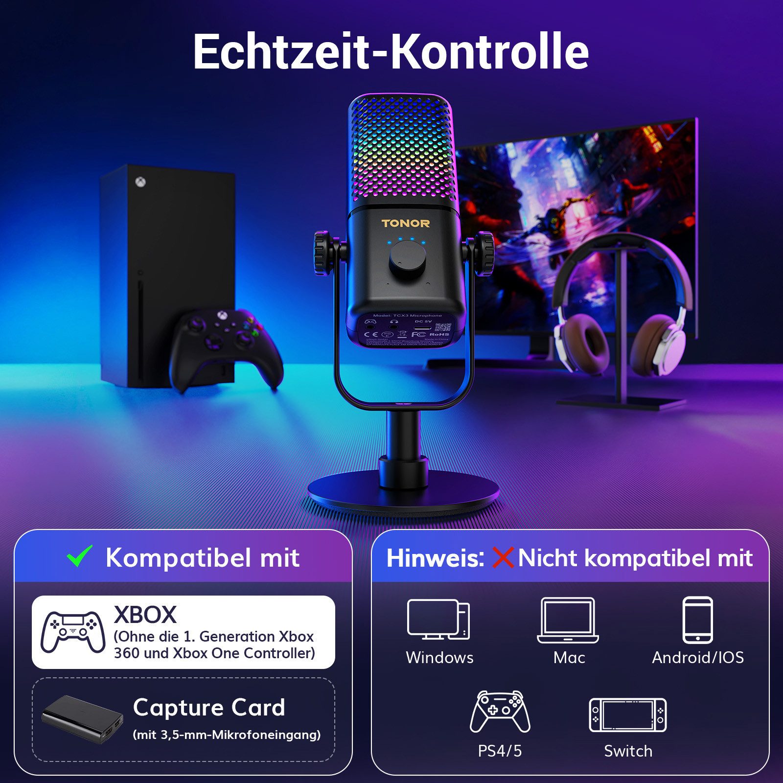 TONOR Mikrofon Mikrofon Kompatibel mit Xbox, Kondensator Mikrofon mit RGB