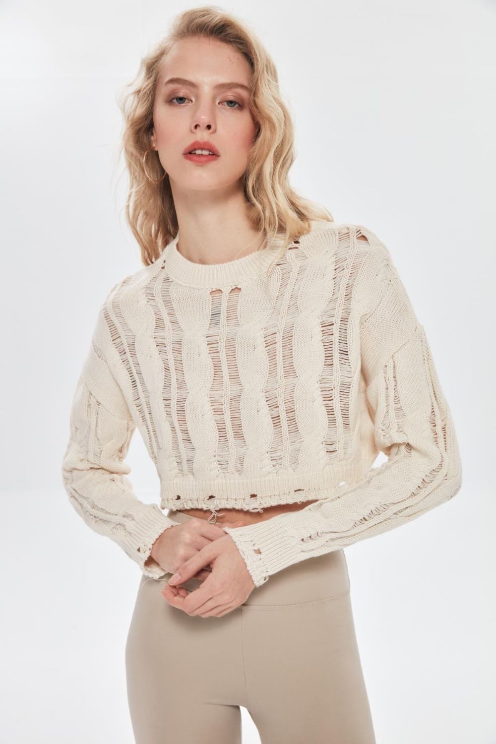 QUZU Strickpullover Cropped Kurzer Pullover Zopfmuster Beige Oversize (1tlg)